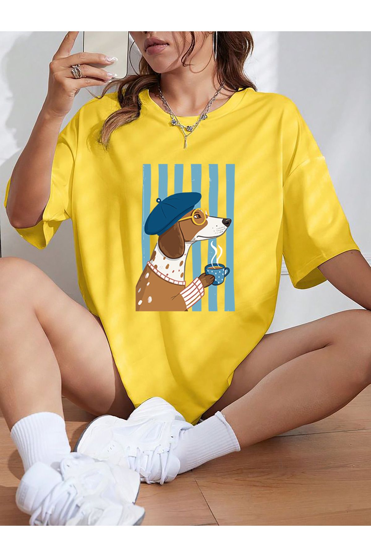 SUNFREE POPÜLER TREND BASKILI GENİŞ KALIP KADIN SARI T-SHIRT