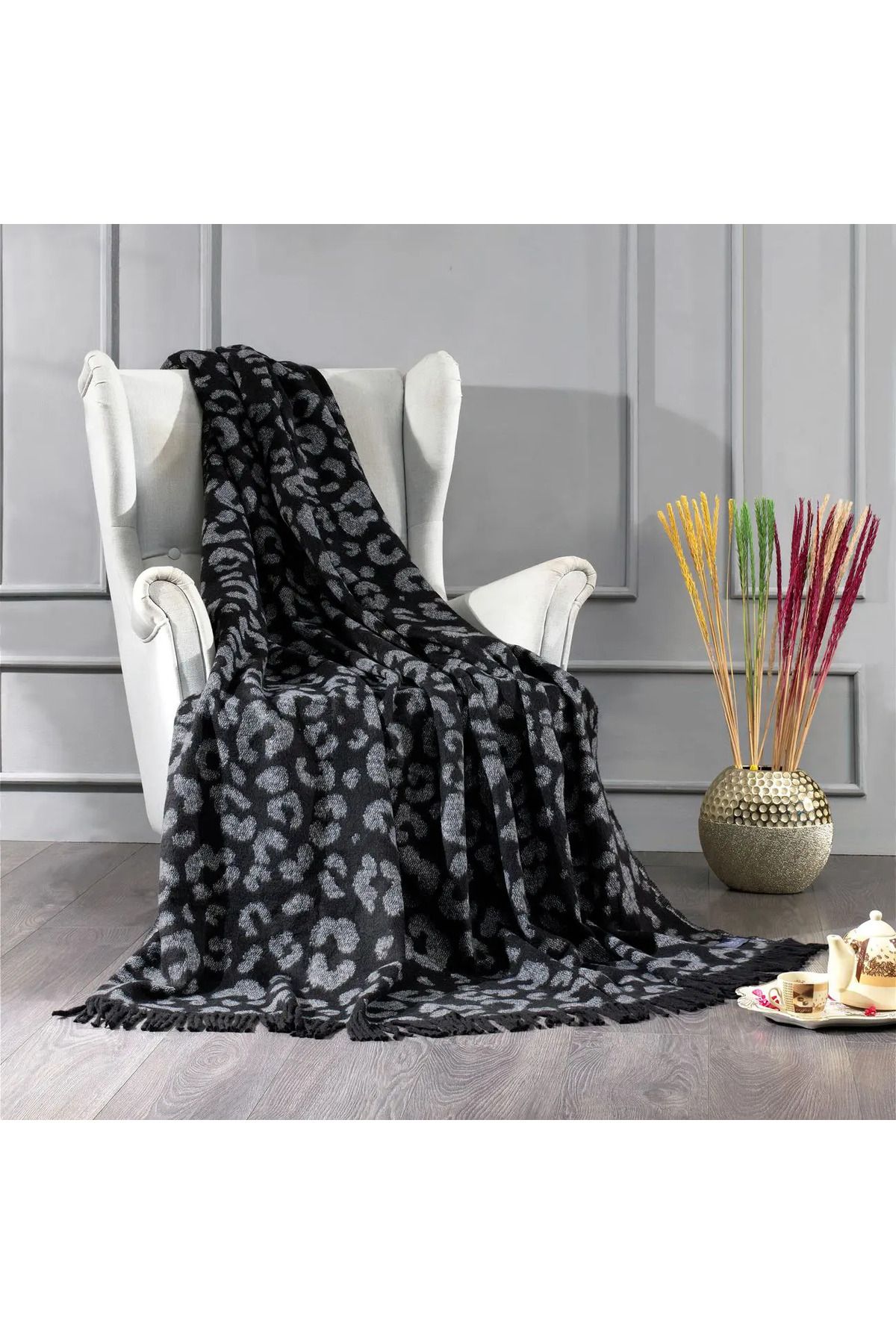 ELLE HOME Leopar Throw Battaniye - Gri