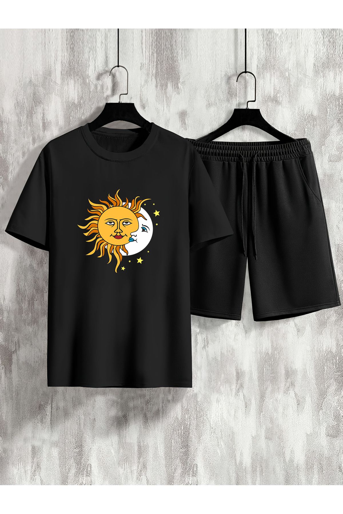 uyguntarz Unisex Güneş Ay Tasarım Basklı Tshirt Şort Takımı