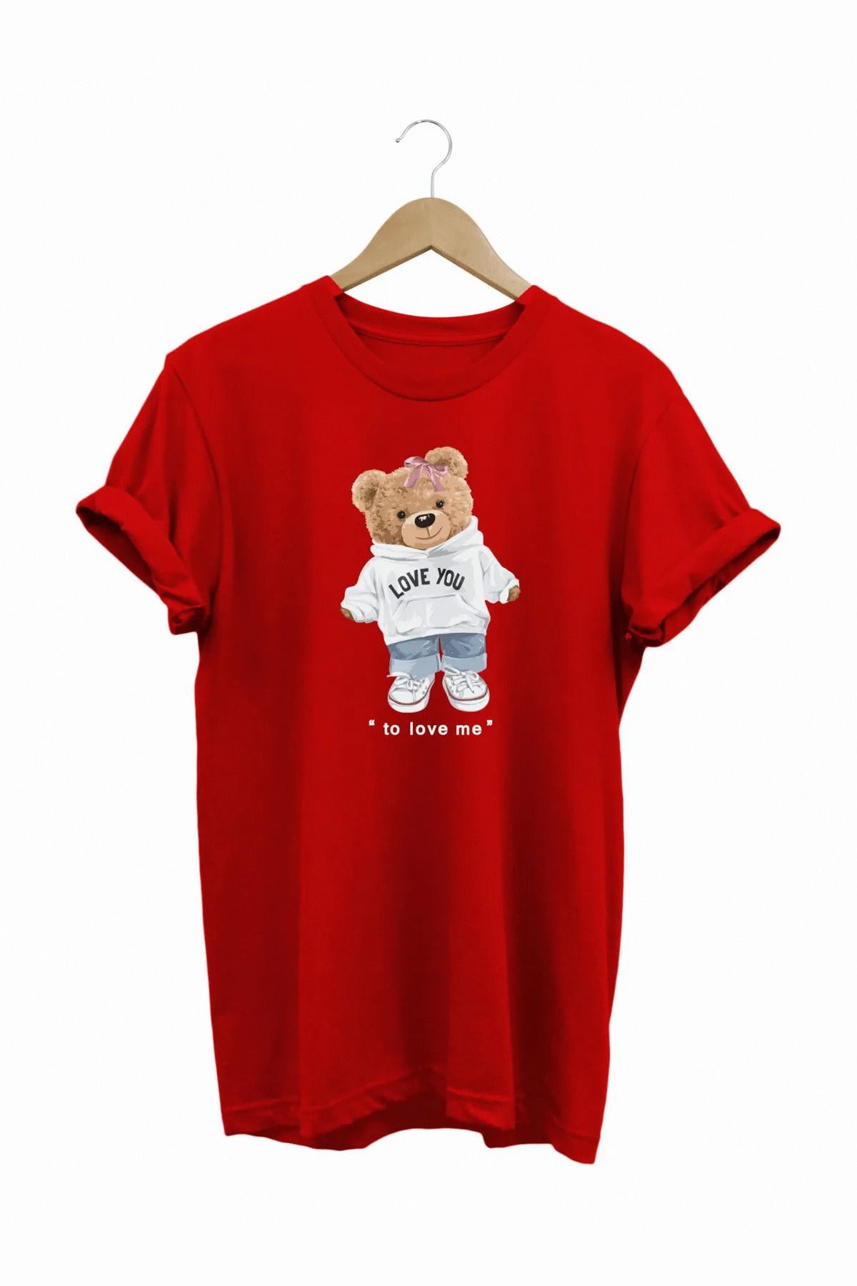 joyyfashion Love You Ayıcık Baskılı T-Shirt
