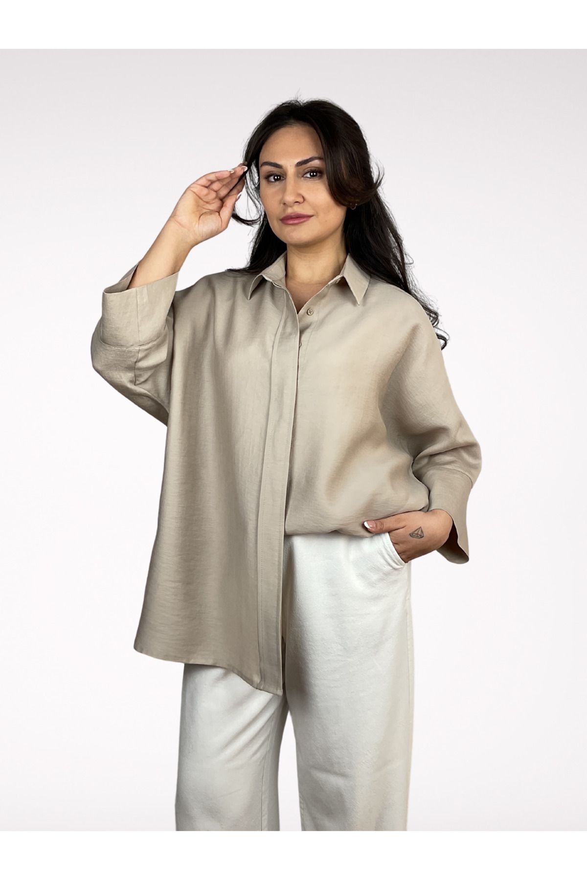 Bevel Band Kadın Salaş Kesim Fakir Kol Tencel/Lyocell Gömlek