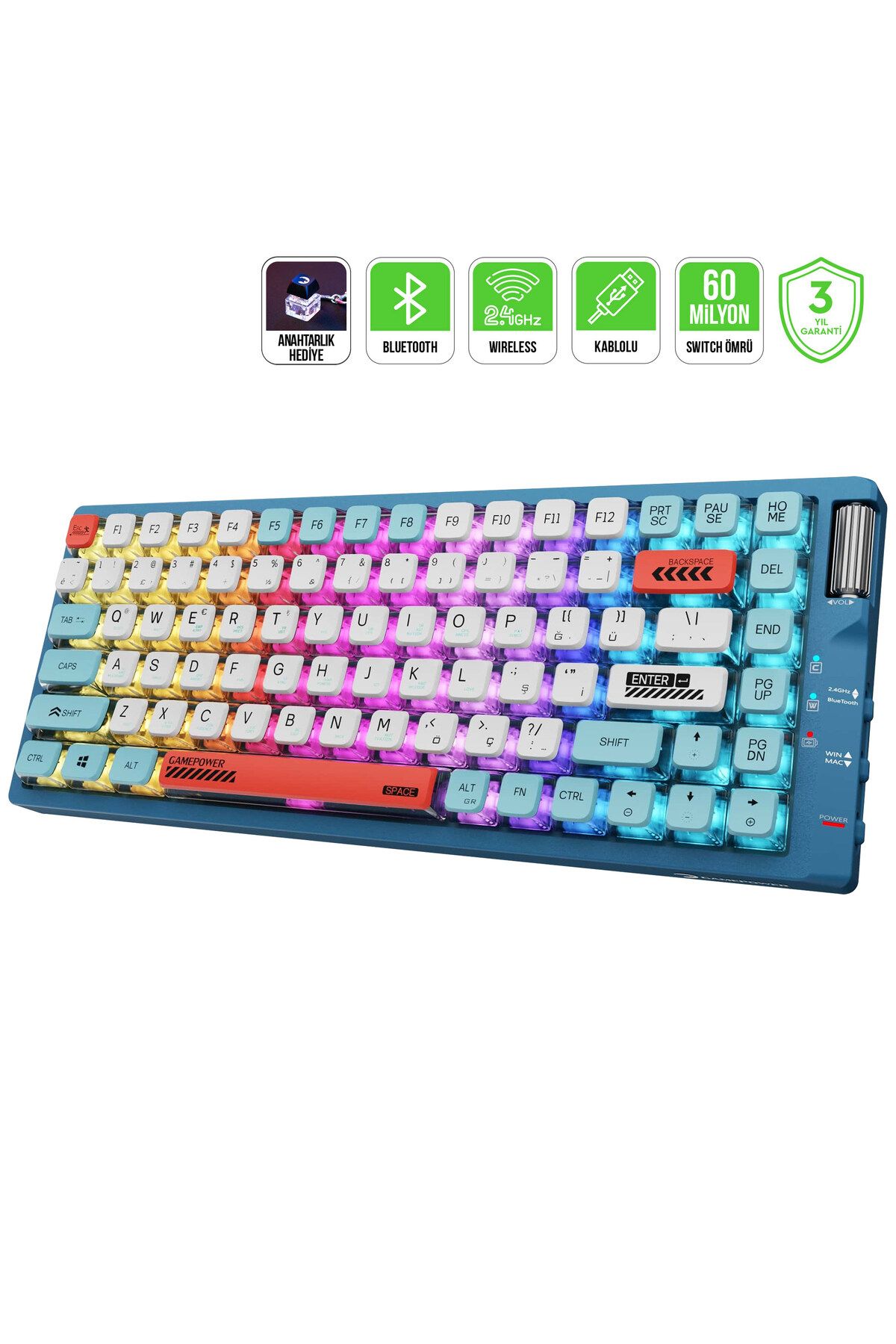 GamePower Sense TKL RGB Wireless/Bluetooth/Kablolu Mekanik Red Switch Gaming Klavye