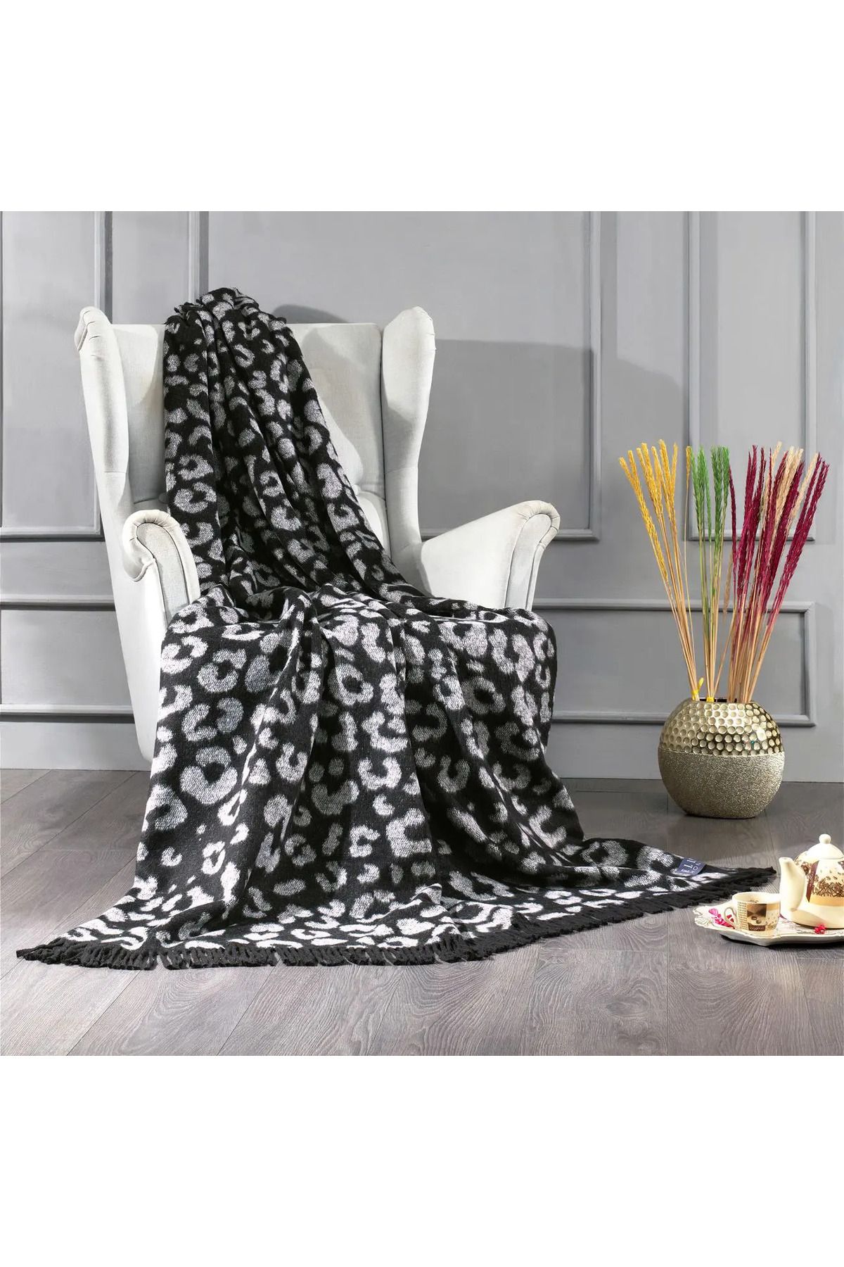 ELLE HOME Leopar Tek Kişilik Battaniye - Beyaz