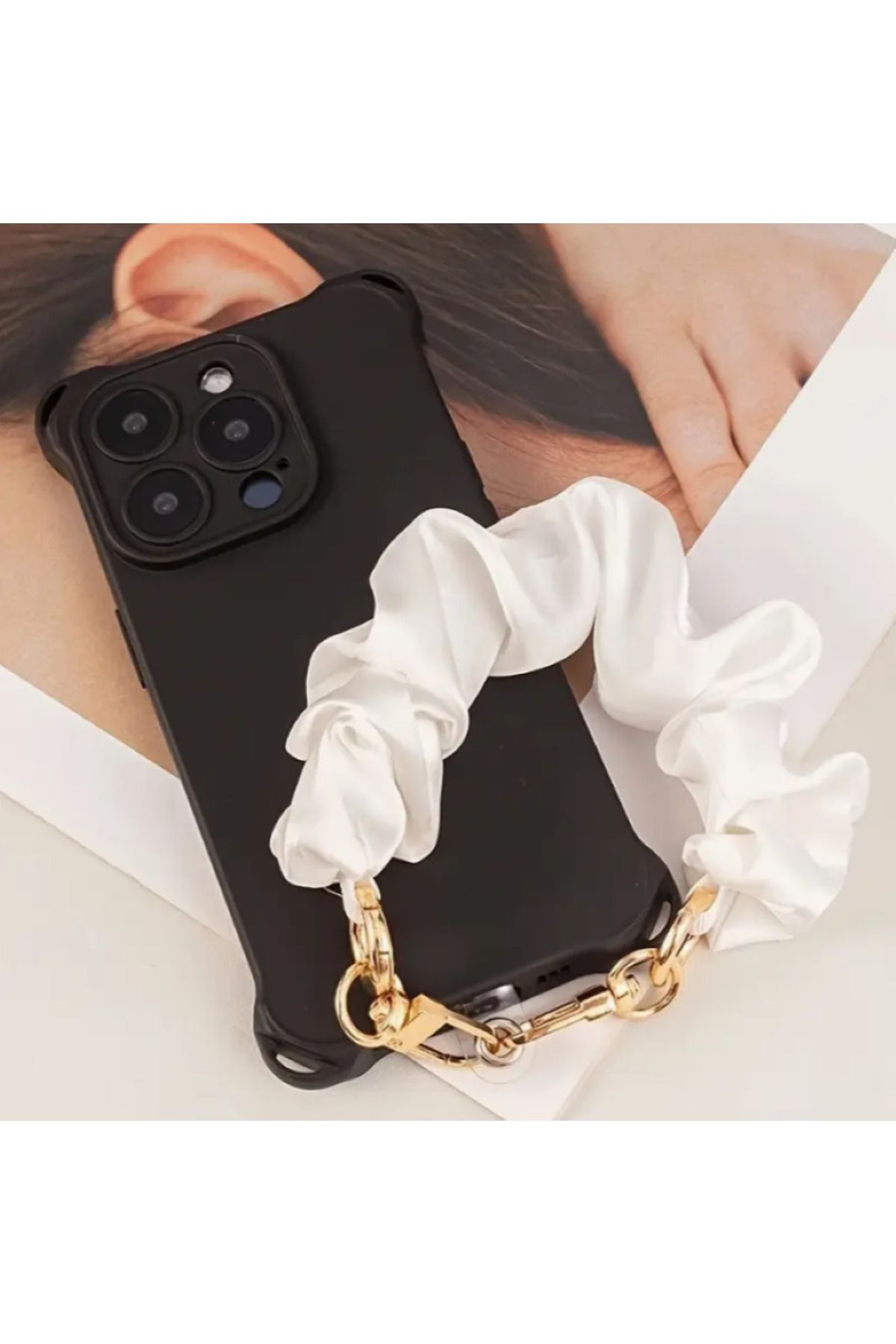 MAURA LIYUZA Saten Kumaş Detaylı Kısa Tasarım Telefon Askısı - Bilek Askısı - Beyaz ve Siyah Seçenekli