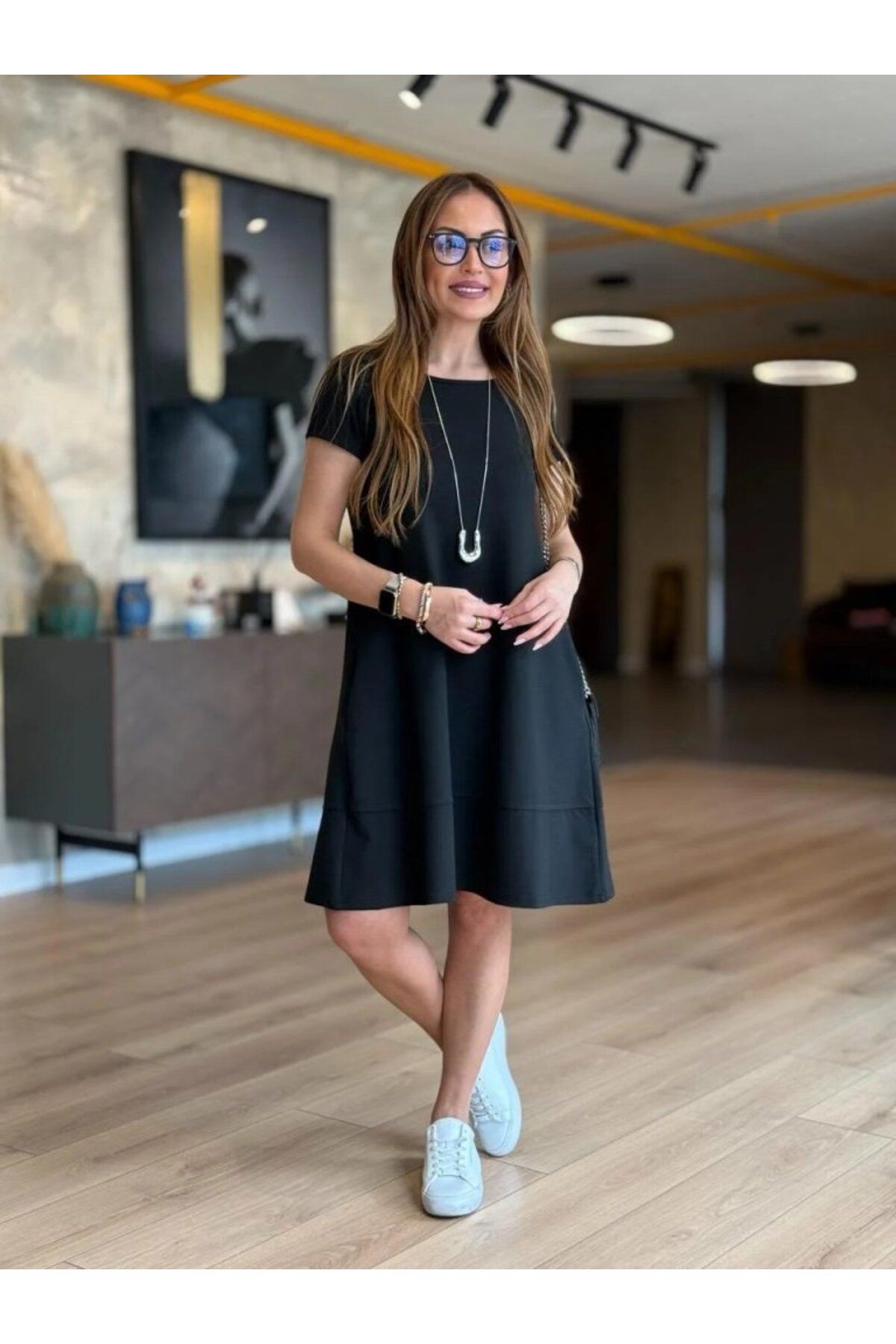 Kokosh moda Kadın Kısa Kollu Bisiklet Yaka Cepli Viskon Iki Iplik Elbise