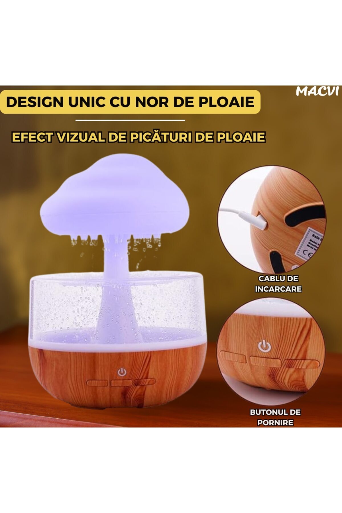 MACVI-Macvi® Rain Cloud Aromatherapy Humidifier and Diffuser, 7 LED Colors, Relaxing Sound, USB, 400 ml 2