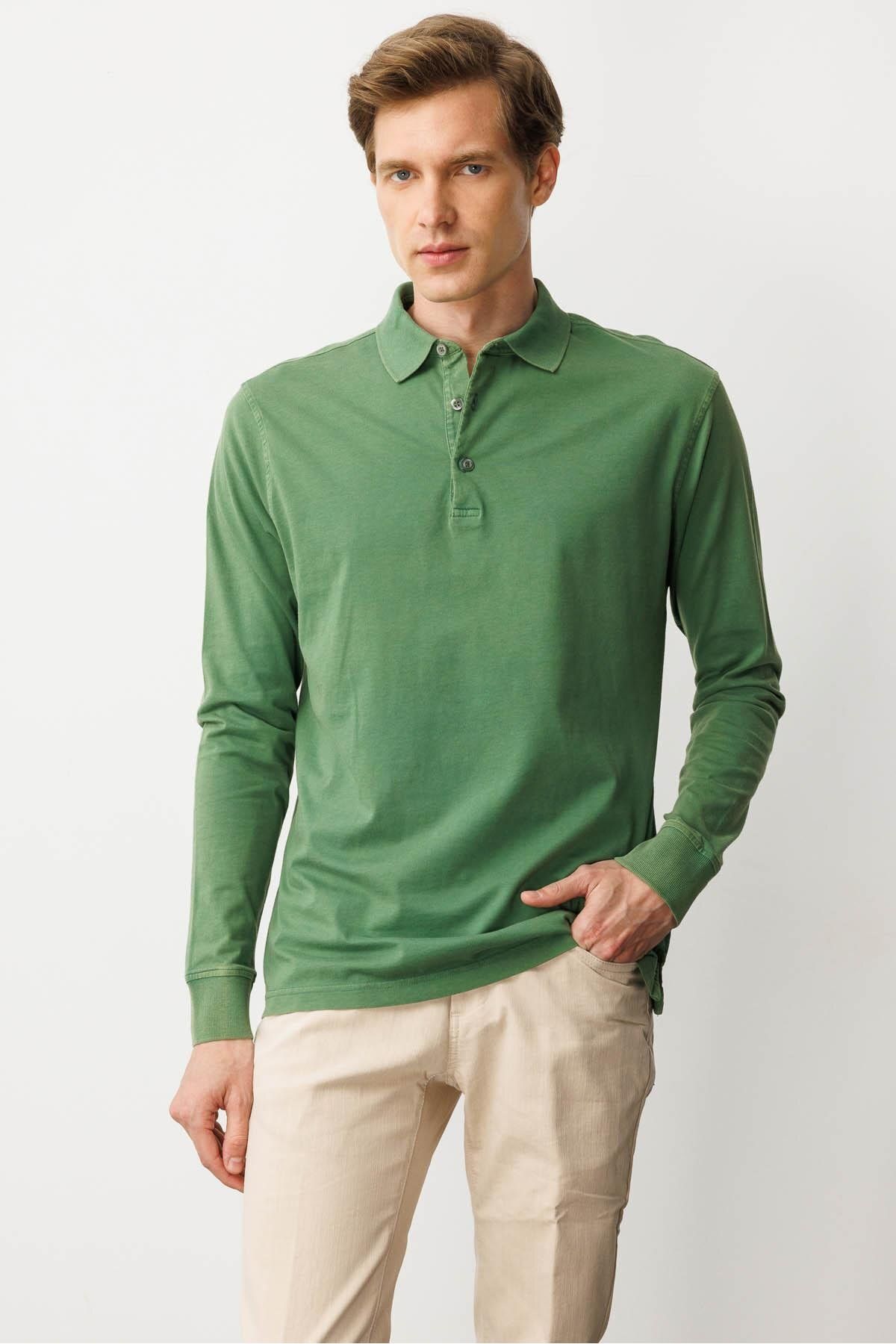 Desen Triko Erkek Polo Yaka Uzun Kollu Sweatshirt A.Yeşil