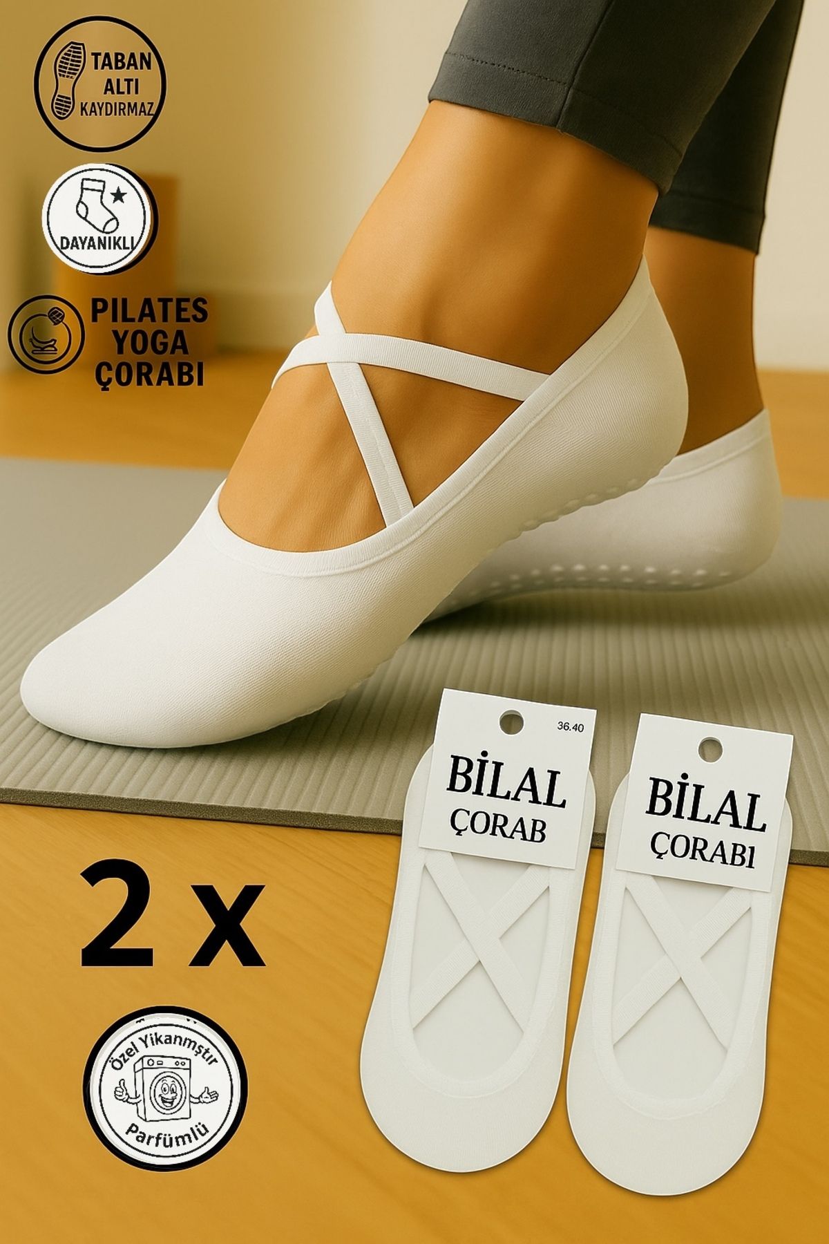 Bilal SOCKS Kadın Taban Altı Kaymaz Pilates,Yoga,Dans,Bale Çorabı Pamuklu Babet çorap Kaydırmaz çorap kaymaz2li