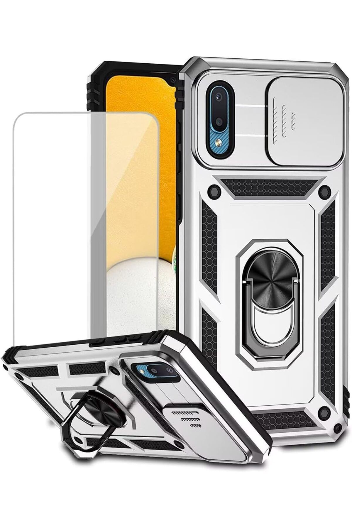 Rivor Samsung Galaxy A02 Kılıf Kamera Sürgülü Standlı Yüzüklü Darbe Emici Zırhlı Koruyucu Tank Kapak