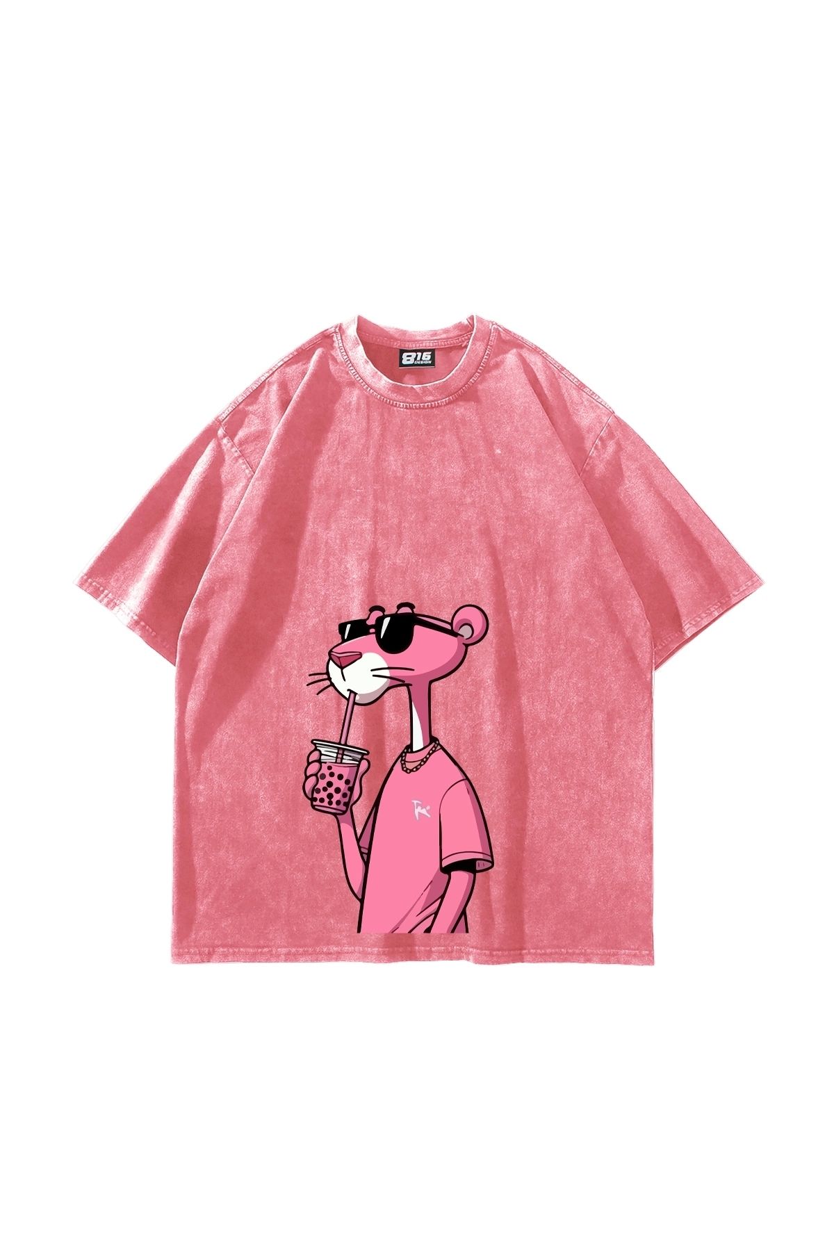 Sekizbiraltı Pink Pant Baskılı Oversize Unisex Yıkamalı Pembe Tshirt