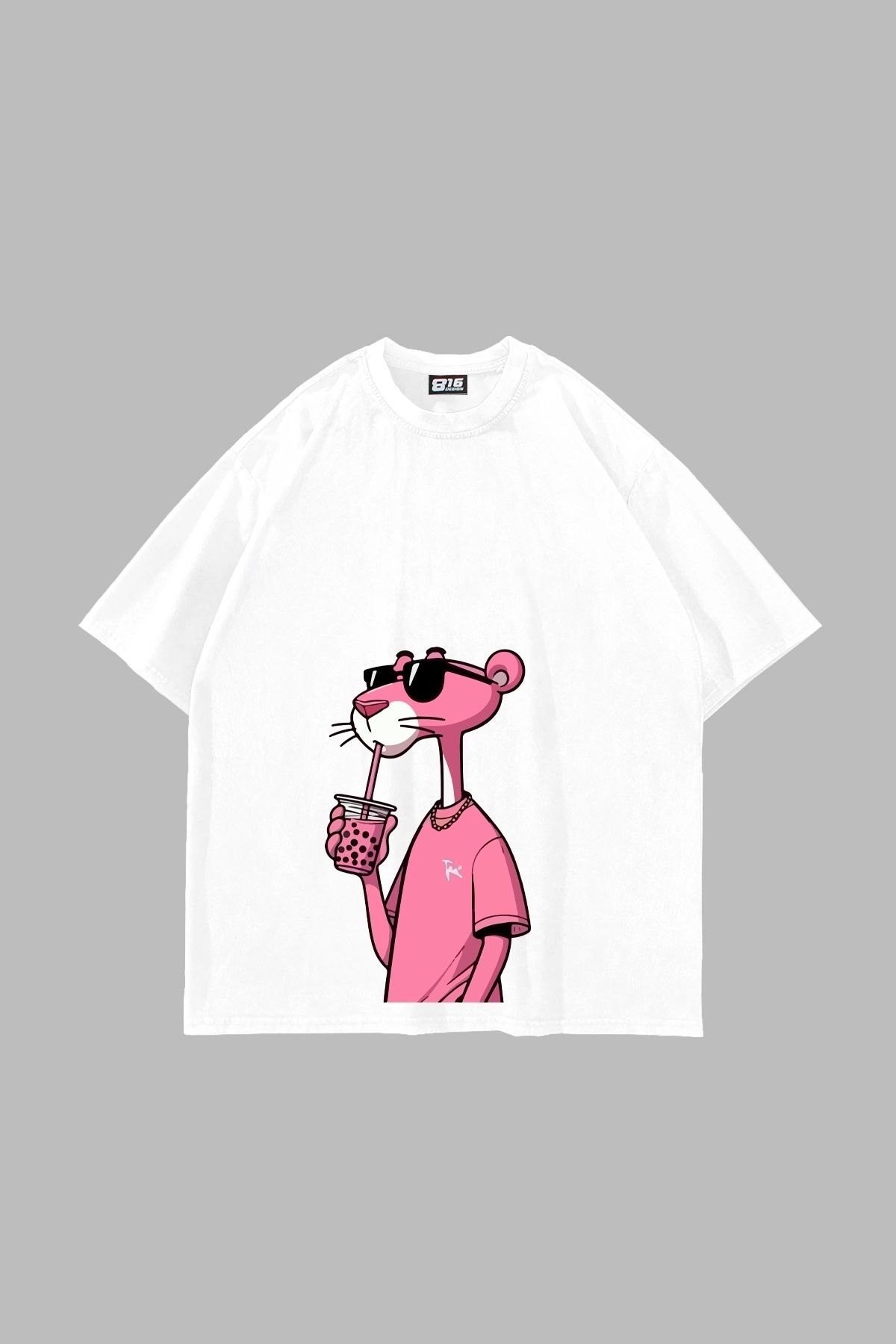 Sekizbiraltı Pink Pant Baskılı Oversize Unisex Beyaz Tshirt