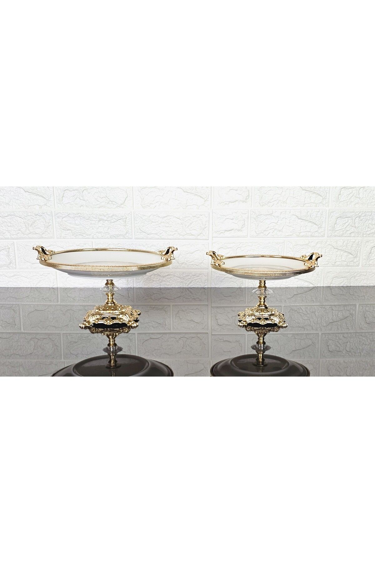 atabey home PORSELEN SADE YUVARLAK 2'Lİ SERVİS TABAĞI SRTİ-SUNUMLUK DÖKÜM GOLD ÇERÇEVE VE DÖKÜM AYAKLI 20+25CM