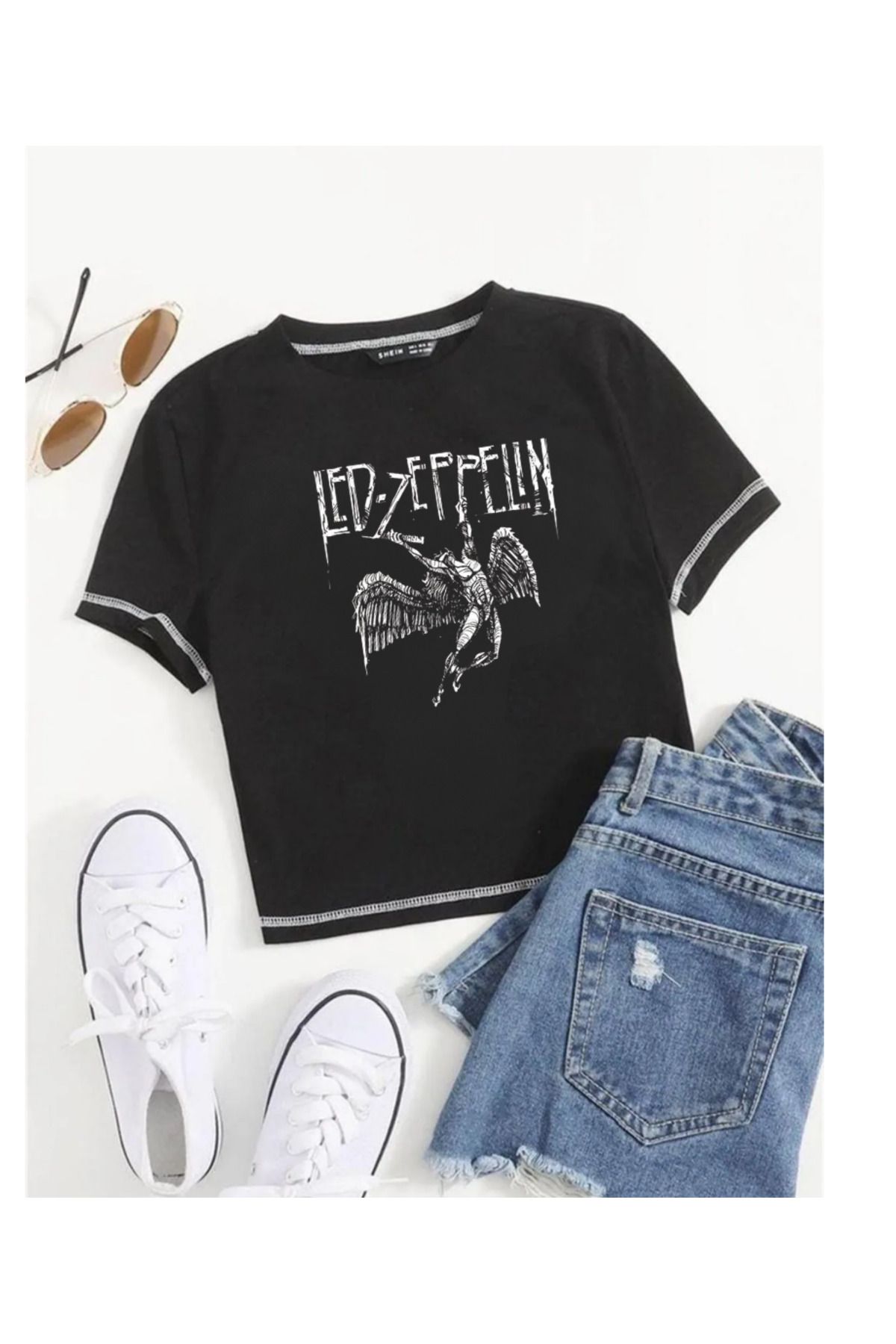 Touz Moda Led Zeppelin Baskılı Ters Dikiş Siyah Crop