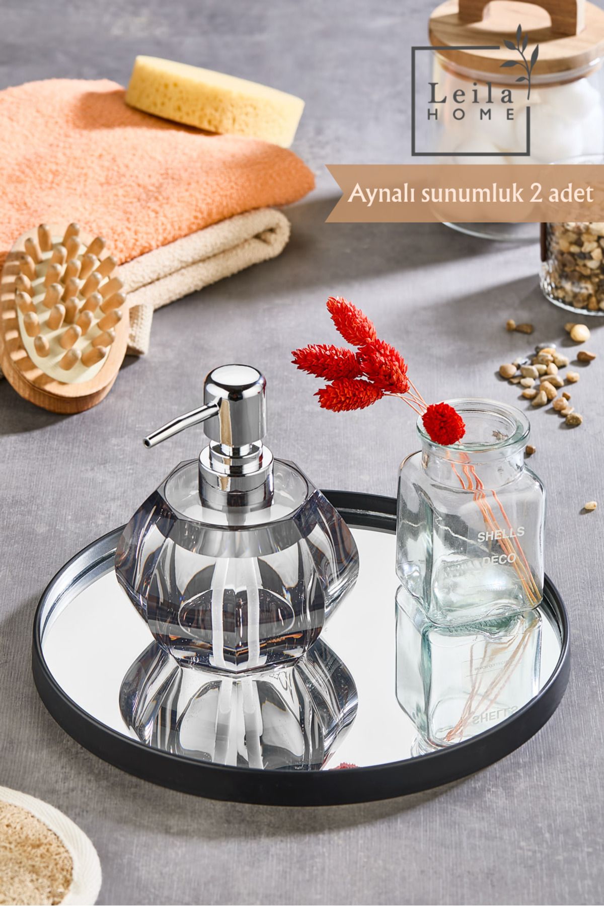 Leila 2 Adet Yuvarlak Aynalı Sunumluk Siyah 24x24 İkramlık Kahve Ve Çay Sunum Tepsisi