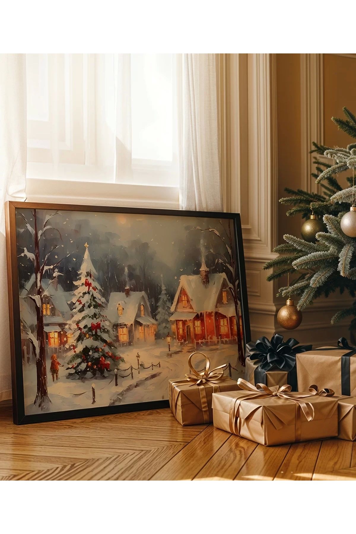 VOGLOO Çerçevesiz Poster Karlar Altında Noel Köyü