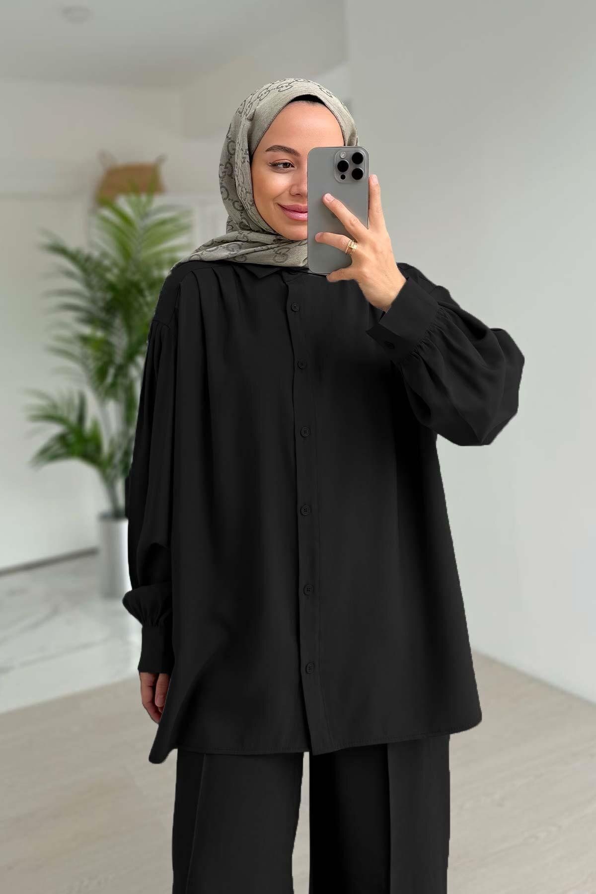 Ka Hijab Pile Detaylı İkili Takım - Siyah