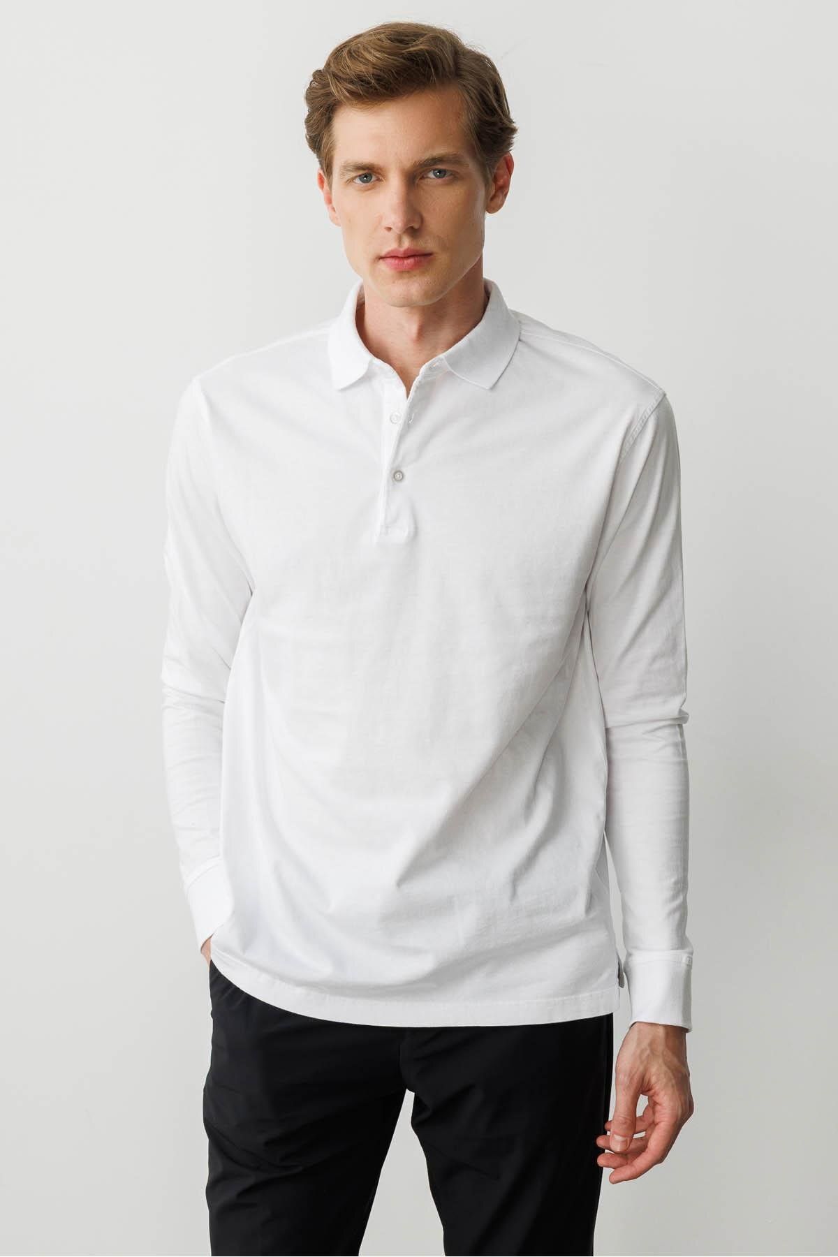 Desen Triko Erkek Polo Yaka Uzun Kollu Sweatshirt Beyaz