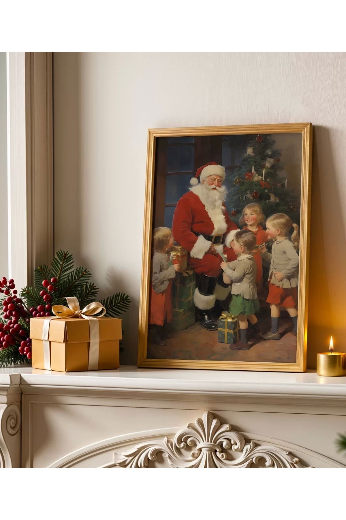 VOGLOO Çerçevesiz Poster Mutlu Çocuklar ve Noel Baba