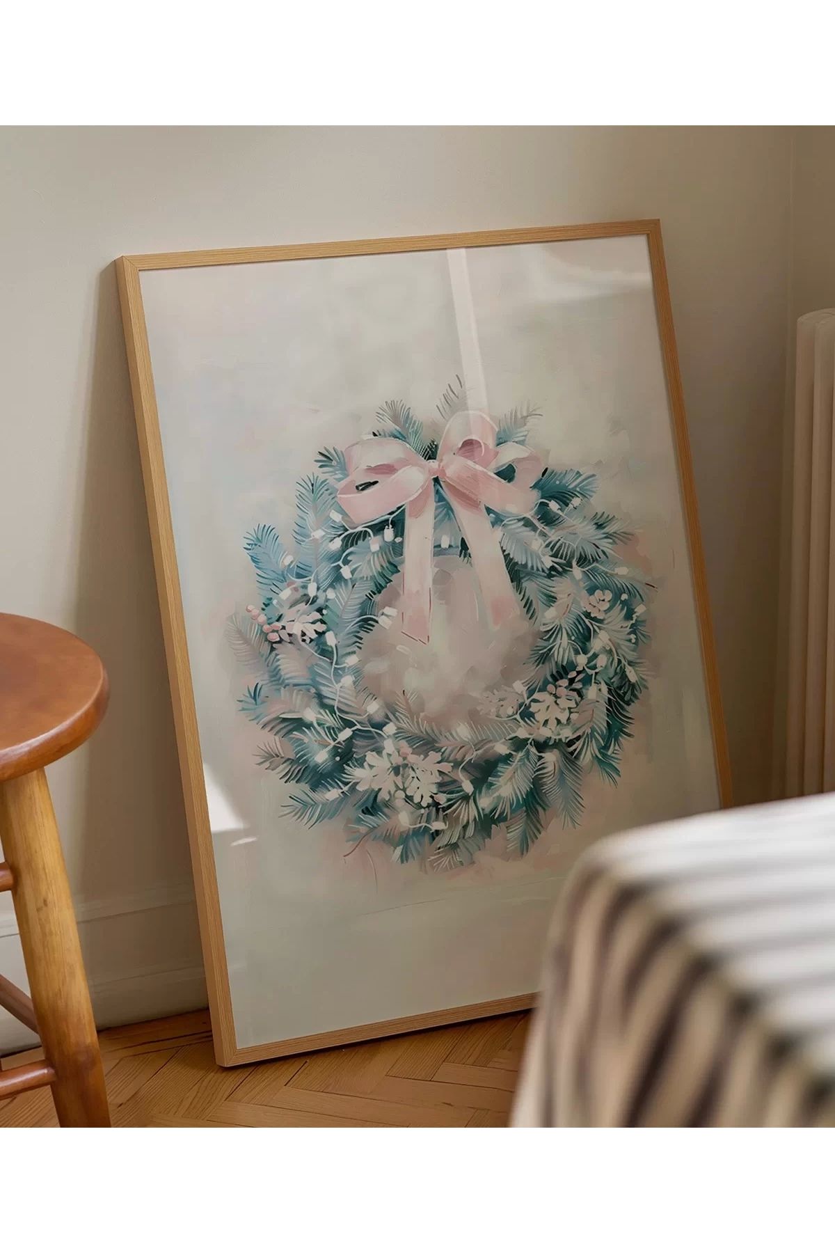 VOGLOO Çerçevesiz Poster Pastel Tonlarda Zarif Yılbaşı Çelengi