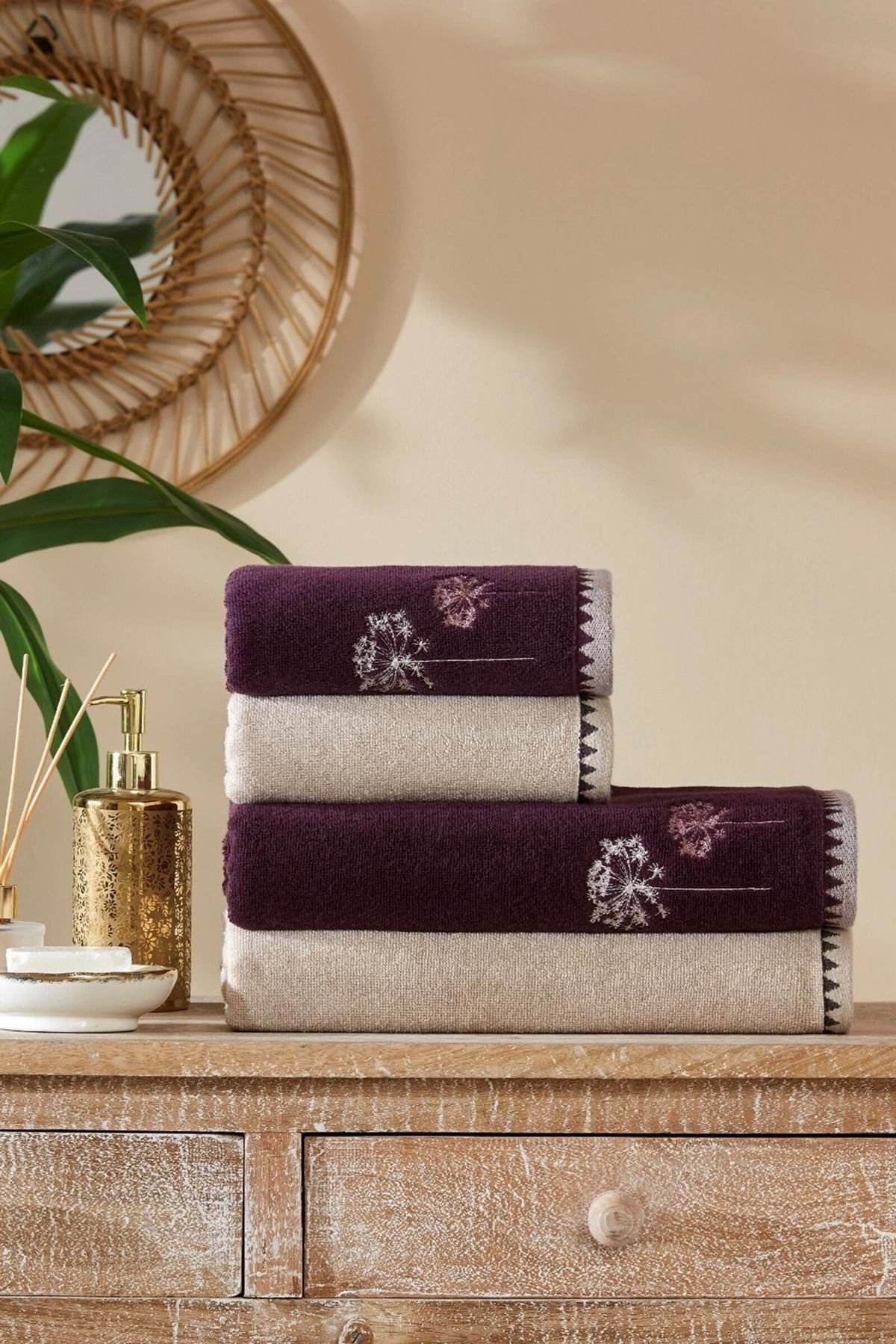 Özdilek Özdilek 4 Parça Best Hamam Seti, Banyo Havlu Takımı-Erba Seca Mürdüm Bej
