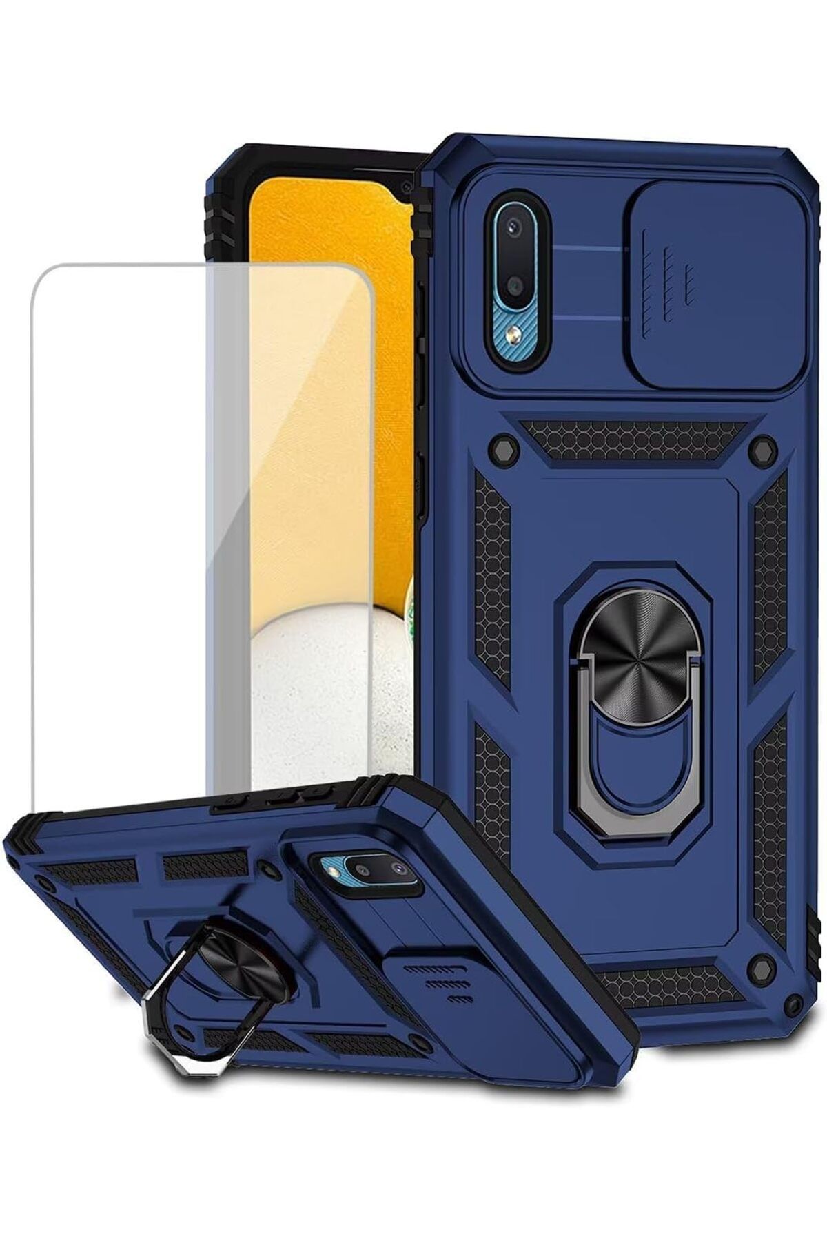 Rivor Samsung Galaxy A02 Kılıf Kamera Sürgülü Standlı Yüzüklü Darbe Emici Zırhlı Koruyucu Tank Kapak