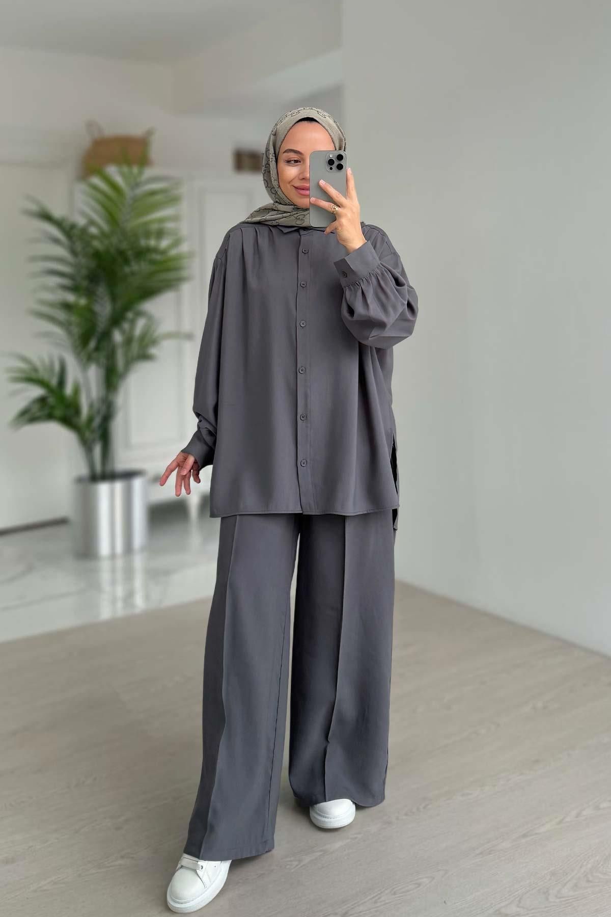 Ka Hijab Pile Detaylı İkili Takım - Antrasit