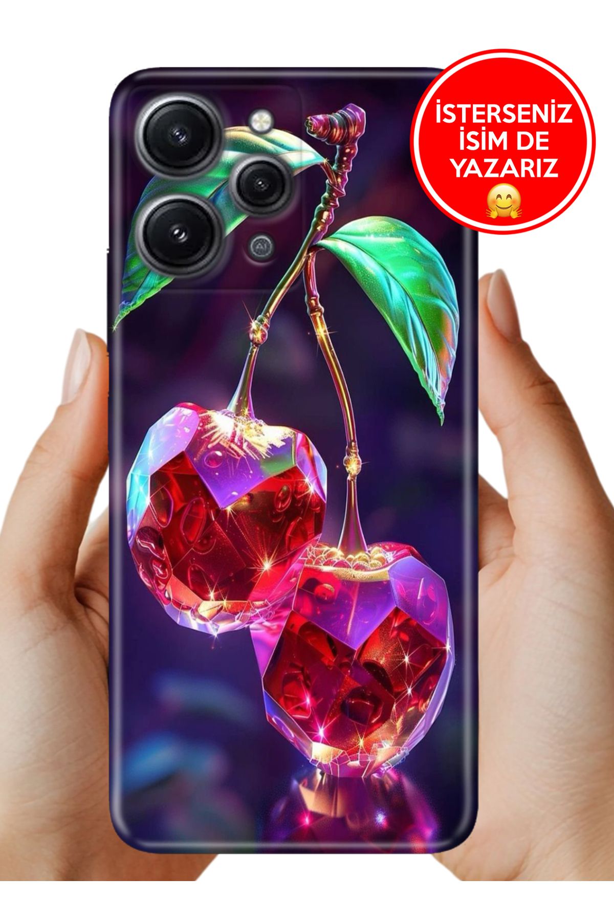 Cekuonline Xiaomi Redmi 12 Kılıf Kamera Korumalı Full Desen Arka Silikon Kristal Kiraz