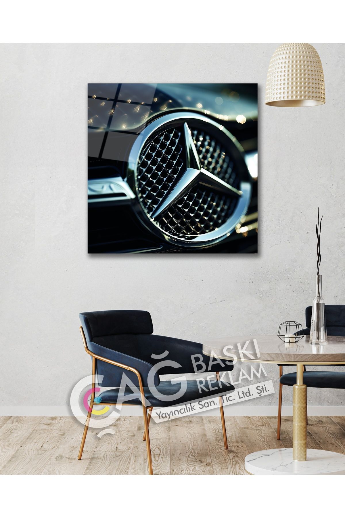 Çağ Baskı Mercedes Logolu Araba Cam Tablo Modern Ev Ofis Oda Salon Duvar Dekoru Hediyelik