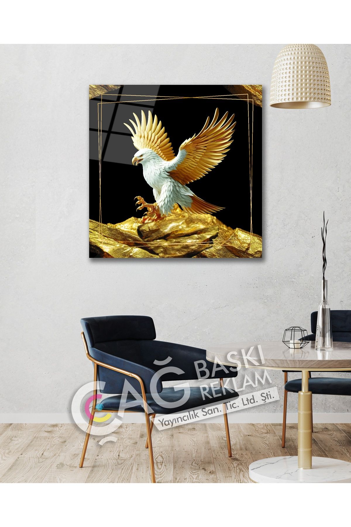 Çağ Baskı Gold Kartal Göz Alıcı Cam Tablo Modern Ev Ofis Oda Salon Duvar Dekoru Hediyelik