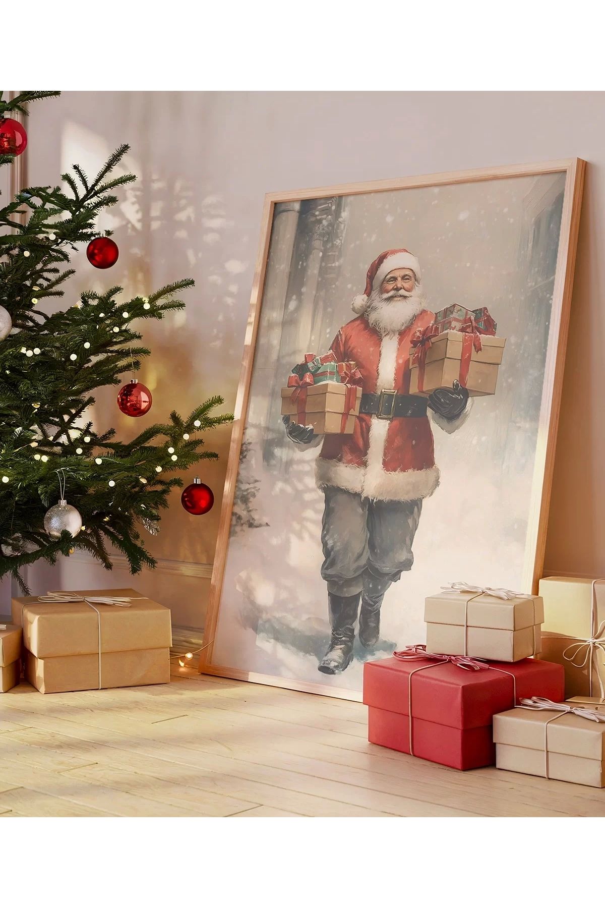 VOGLOO Çerçevesiz Poster Noel Baba ve Hediye Sepeti