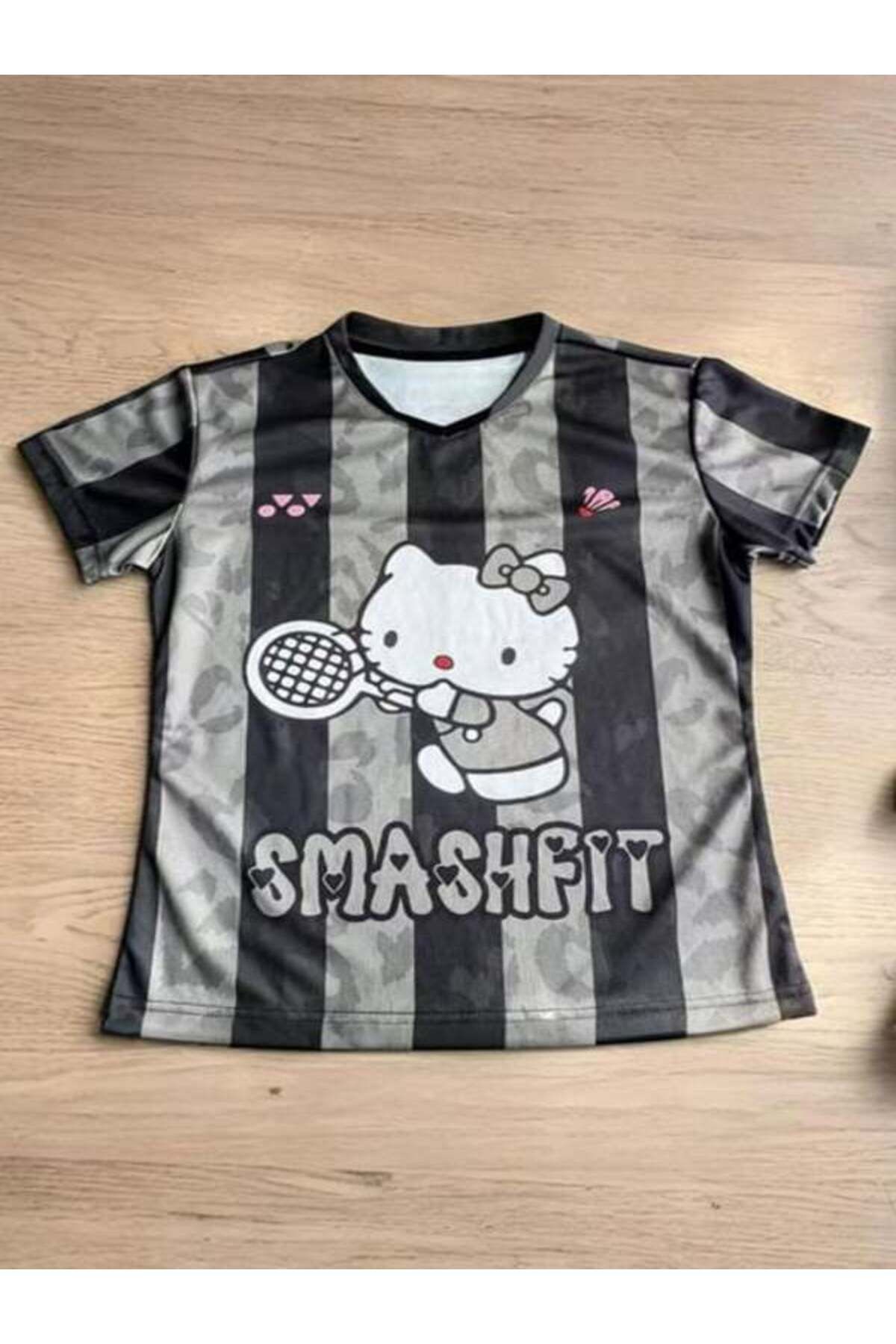 Minga London Siyah Hello Kitty SMASHFIT Forma Unisex T-shirt -Minga London