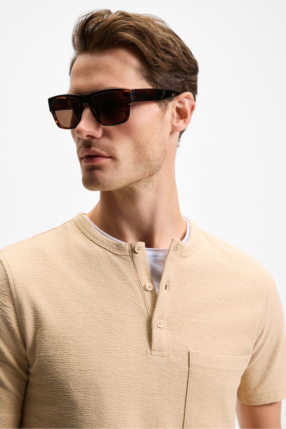 GRIMELANGE-Ermac Men's Judge Collar Buttoned Short Sleeve Beige T-Shirt 5