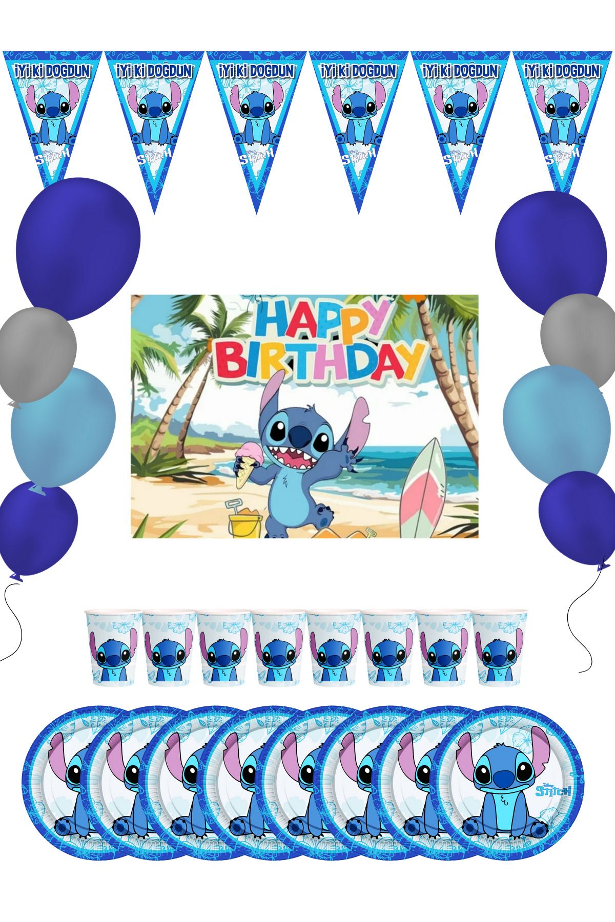 snowparty Stitch Lilo ve Stiç Bayraklı Ve Afişli Doğum Günü Parti Süsleri Seti