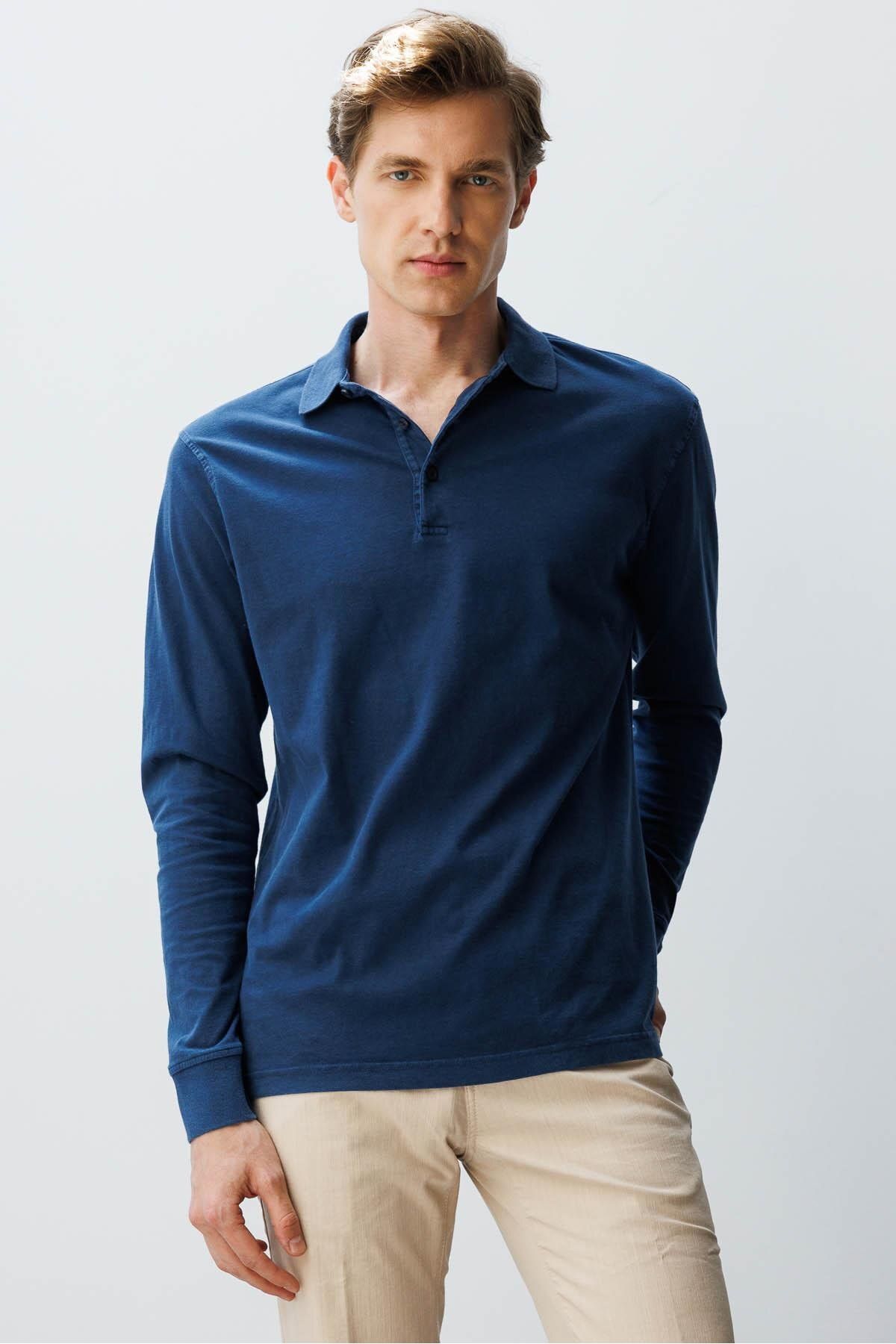 Desen Triko Erkek Polo Yaka Uzun Kollu Sweatshirt Lacivert