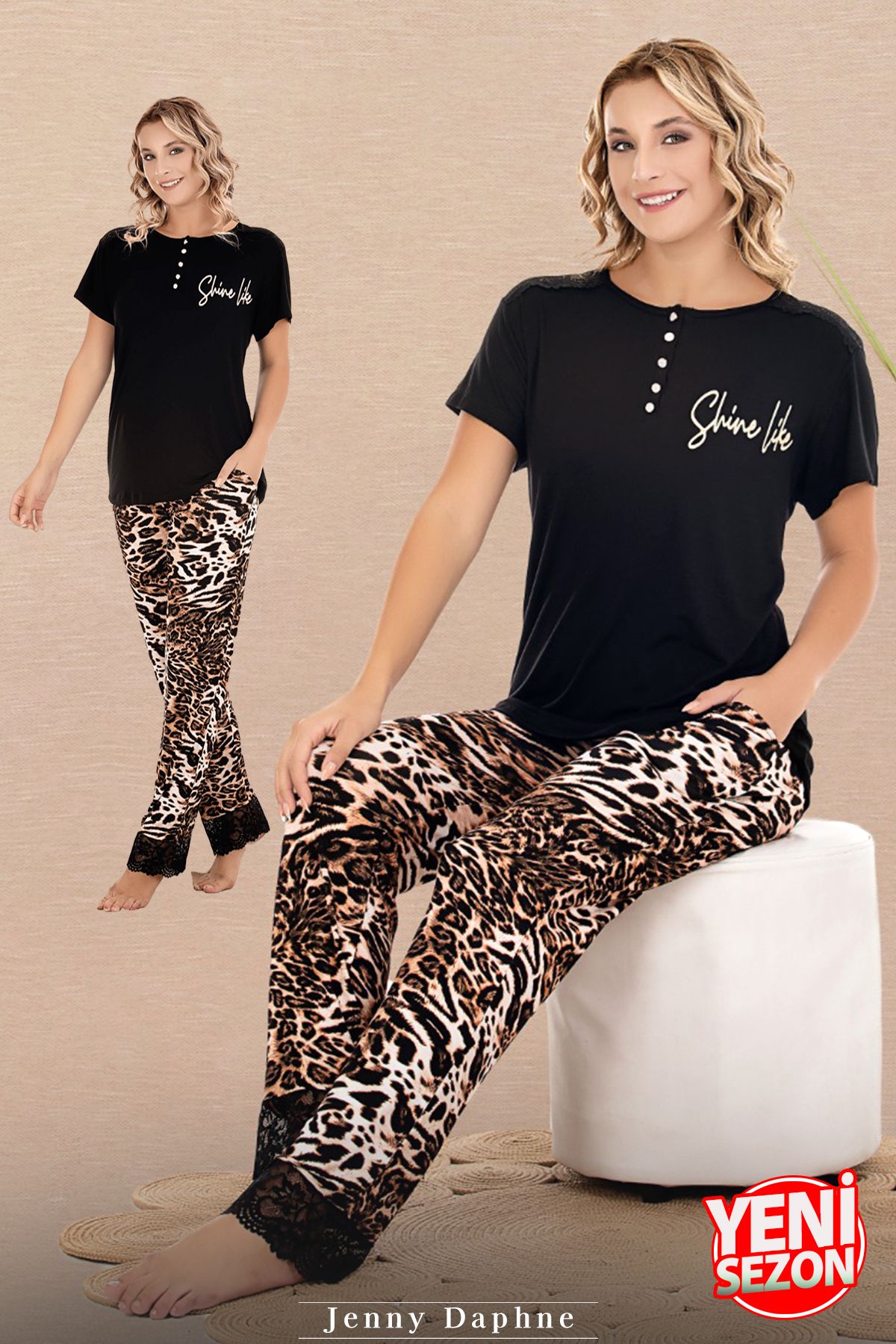 Jenny Daphne Lady Leopar Desenli Paçaları Dantelli Pijama Düğmeli Yaka Kısa Kollu Pijama Takımı 12598