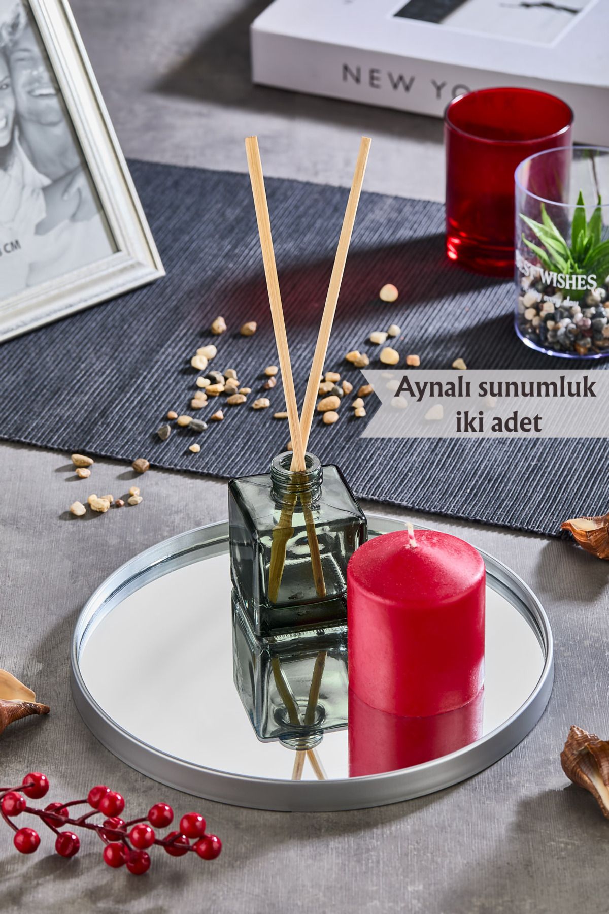 Leila 2 Adet Yuvarlak Aynalı Sunumluk Gümüş 24x24 İkramlık Kahve Ve Çay Sunum Tepsisi