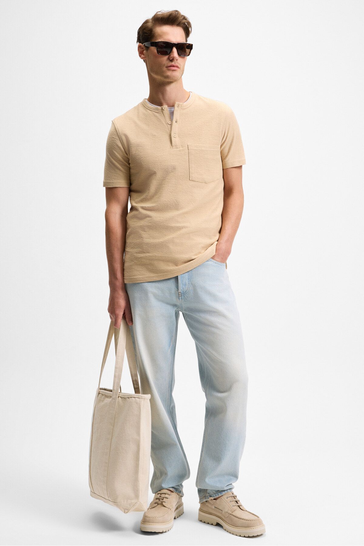 GRIMELANGE-Ermac Men's Judge Collar Buttoned Short Sleeve Beige T-Shirt 4