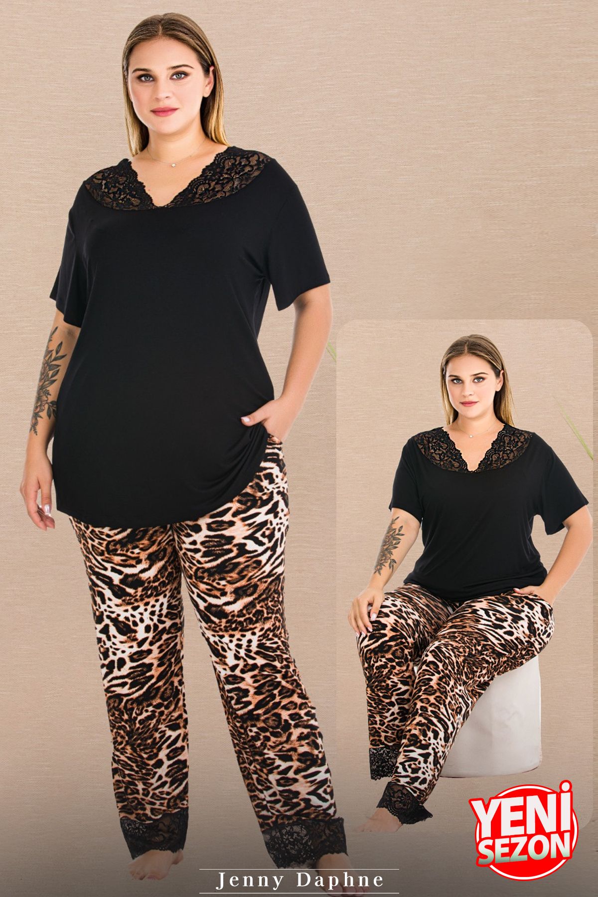 Jenny Daphne Lady Büyük Beden Leopar Desenli Dantel Paça Pijama V Yaka Dantelli Kısa Kollu Pijama Takımı 11006