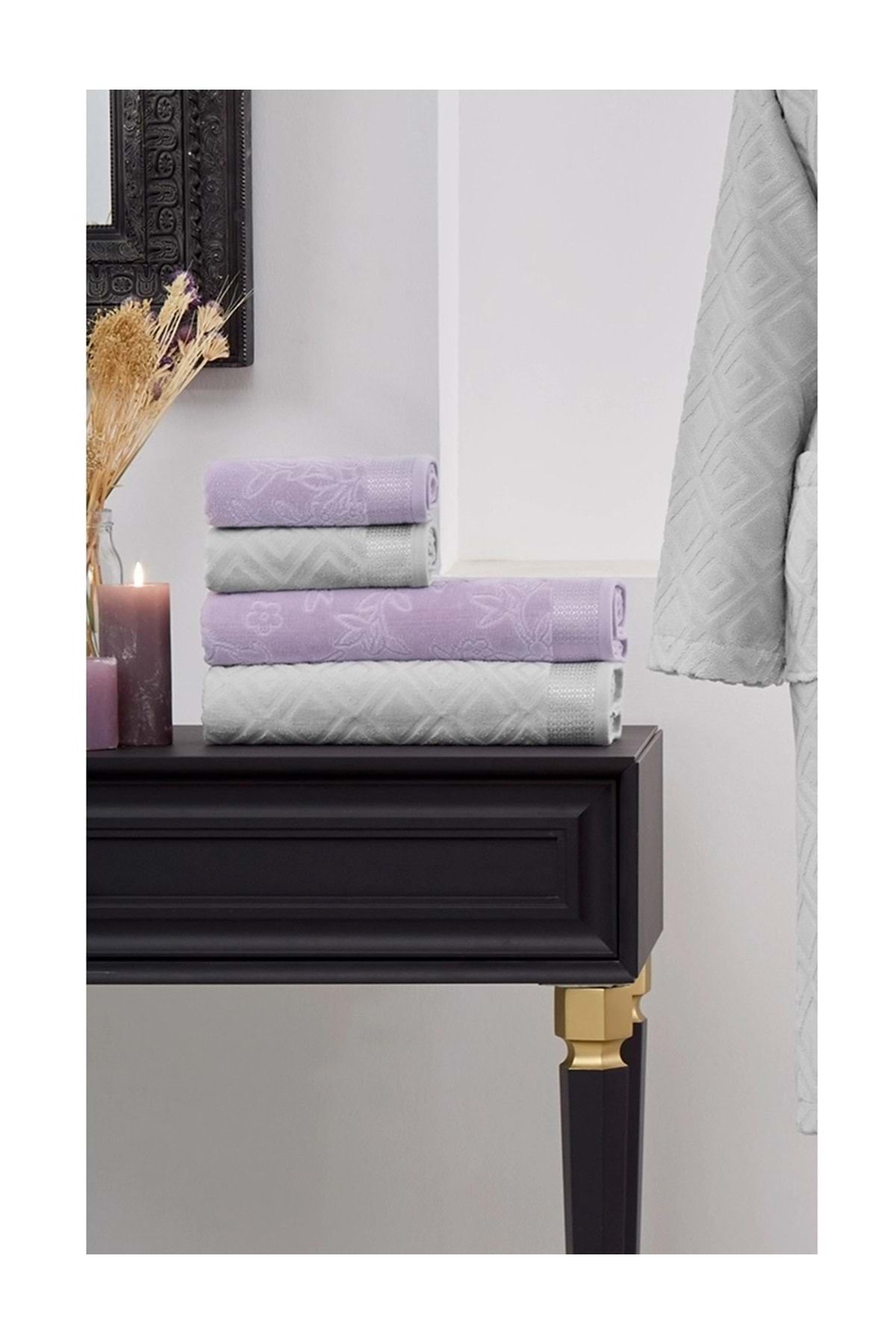Özdilek Özdilek 4 Parça Best Hamam Seti, Banyo Havlu Takımı-Pastoral Lila Gri