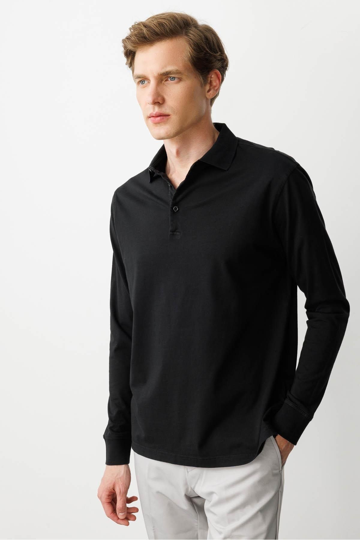 Desen Triko Erkek Polo Yaka Uzun Kollu Sweatshirt Siyah