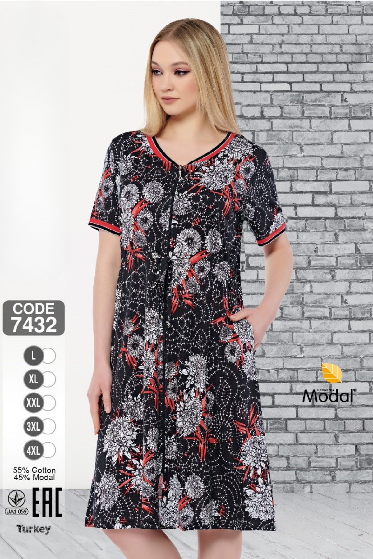Women's Cotton Modal Fabric Zipper Patterned Stylish Dress 7432