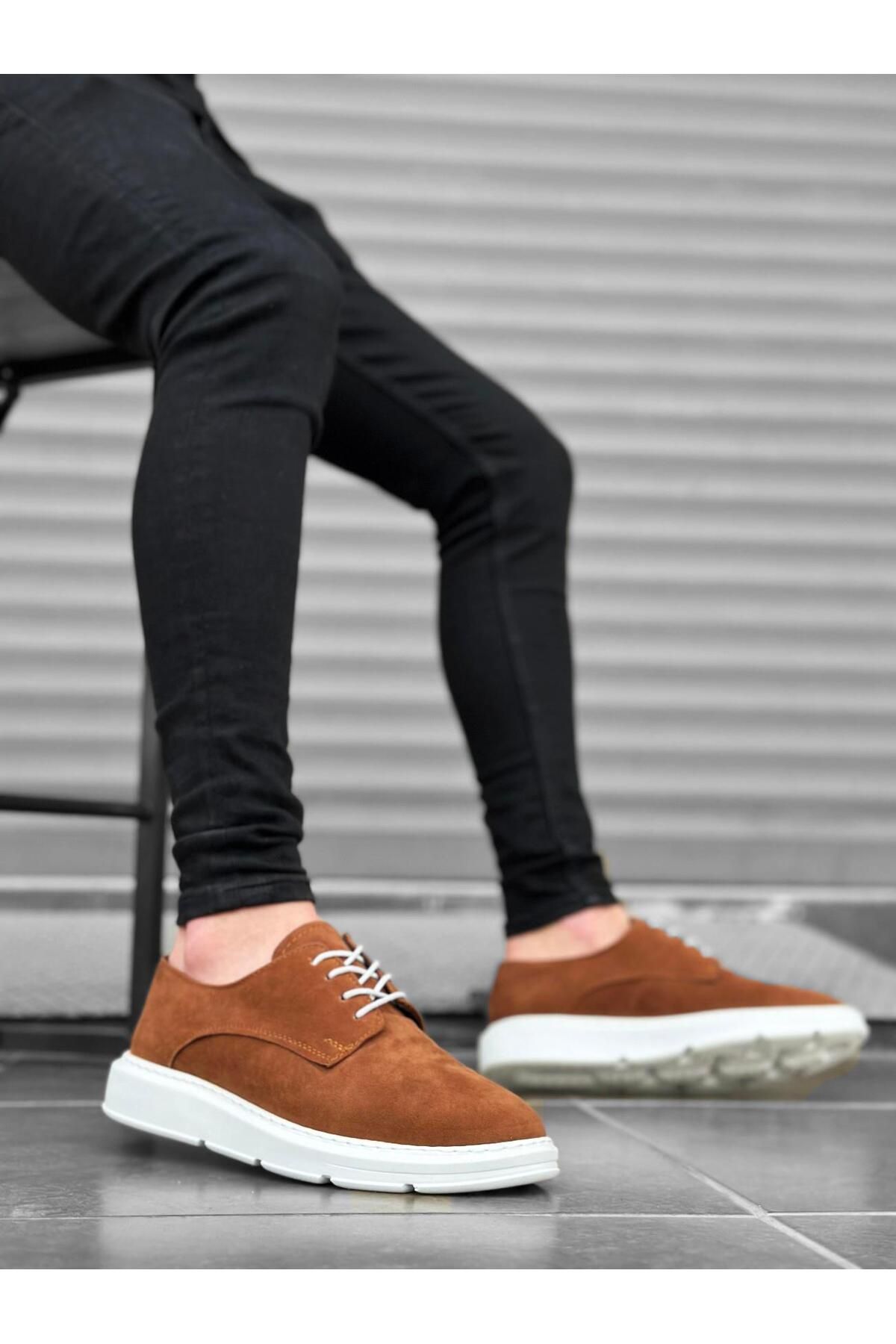 Byshoes BA0003 Bağcıklı Süet Klasik Taba Beyaz Yüksek Taban Casual Erkek Ayakkabı