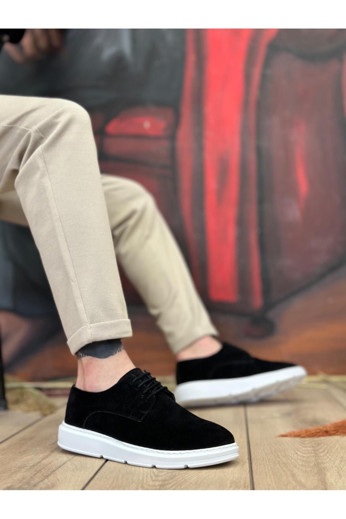 Byshoes BA0003 Bağcıklı Klasik Spor Süet Siyah Beyaz Yüksek Taban Casual Erkek Ayakkabı