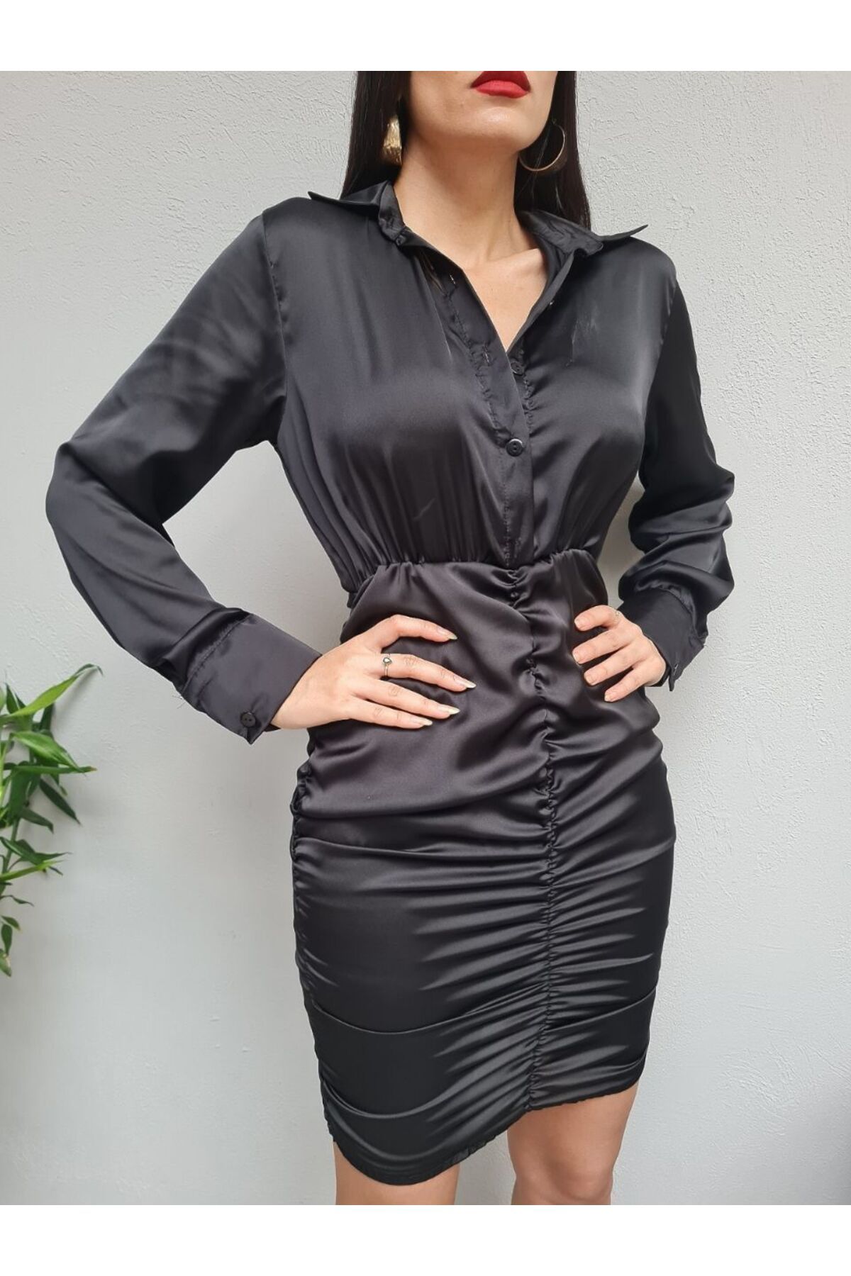 My Bee Kadın Düğme Detaylı Eteği Büzgülü Saten Elbise