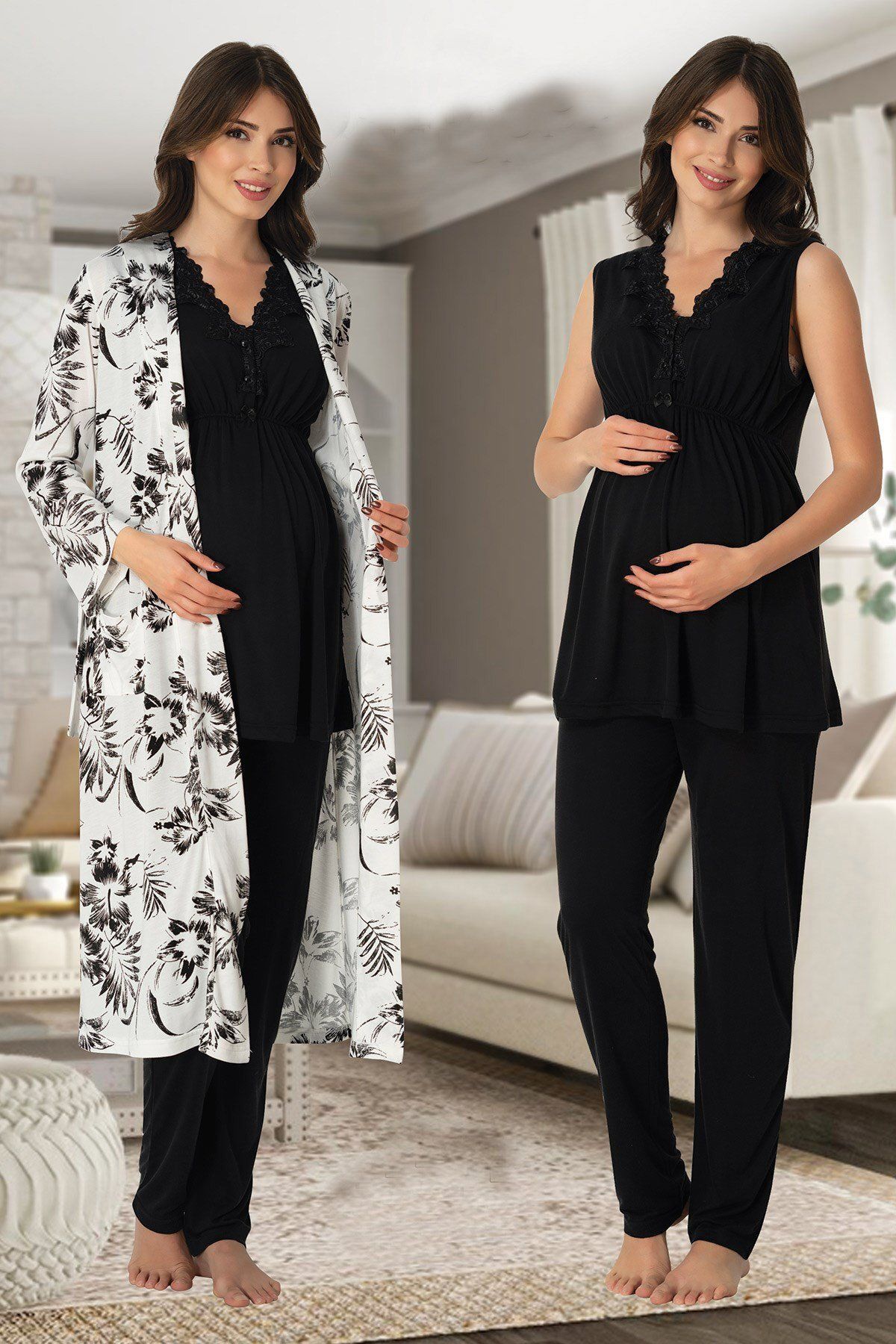BLACKMORE Siyah Dantel Tasarım Kalın Askılı Lohusa Hamile Sabahlıklı 3'lü Pijama Takım Set