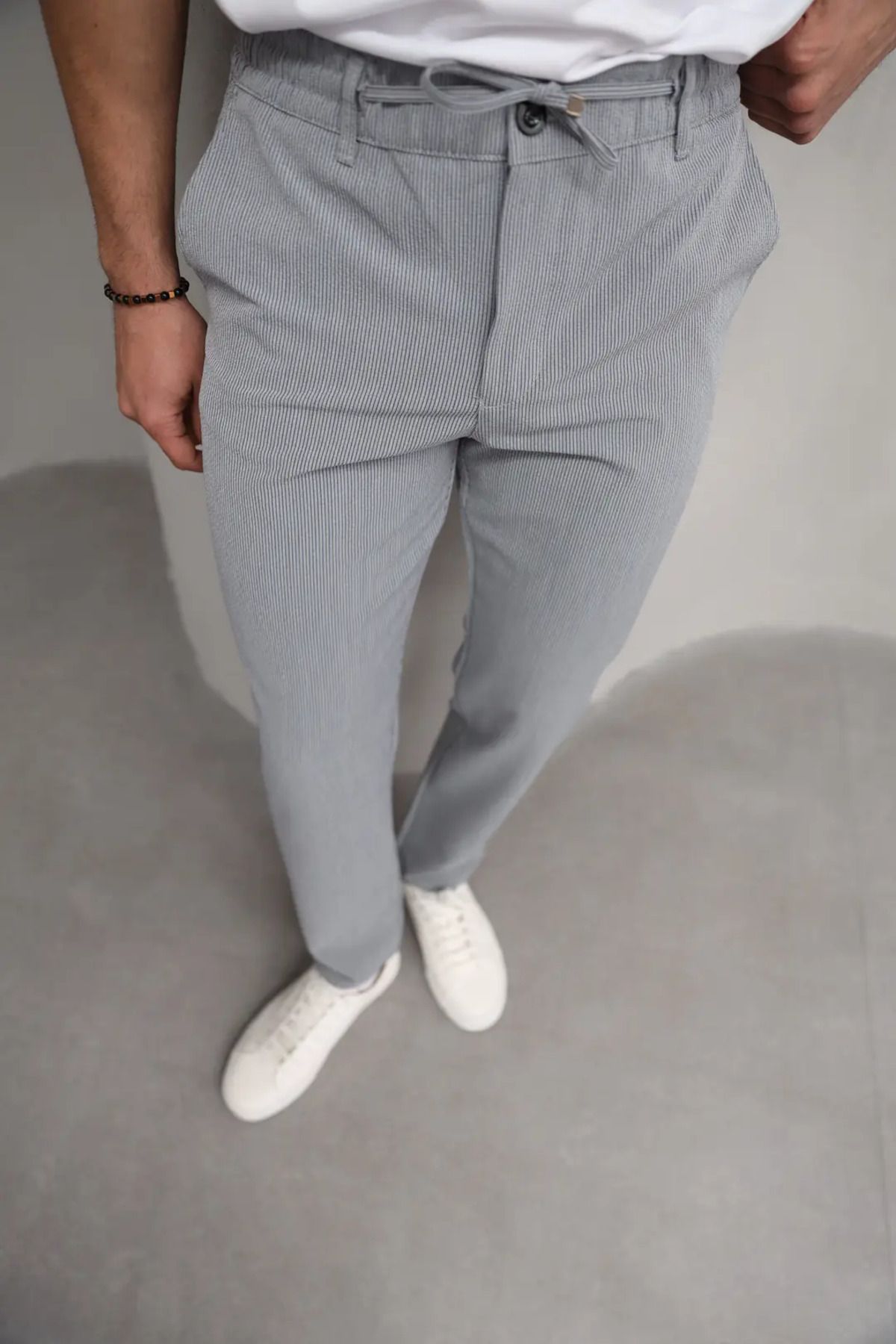 OHEPMODA Beli Lastikli İnce Çizgili Erkek Keten Pantolon