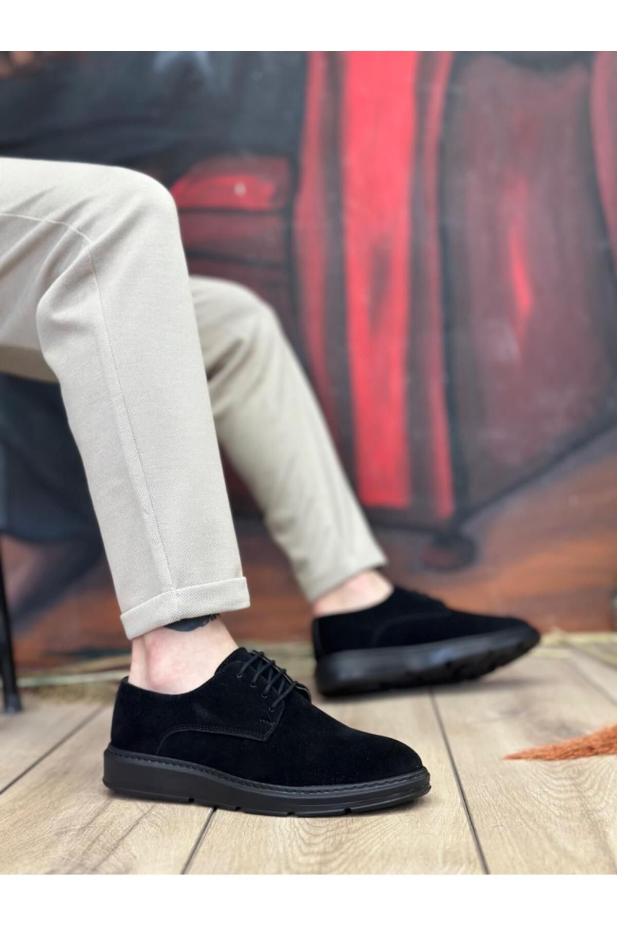 Byshoes BA0003 Bağcıklı Süet Klasik Siyah Yüksek Taban Casual Erkek Ayakkabı