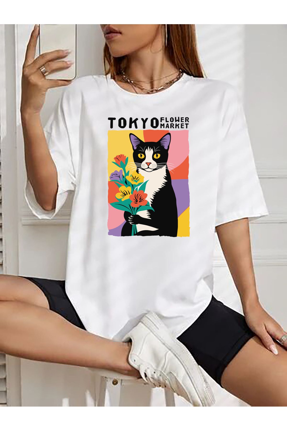 SUNFREE POPÜLER TREND BASKILI OVERSIZE KADIN BEYAZ T-SHIRT