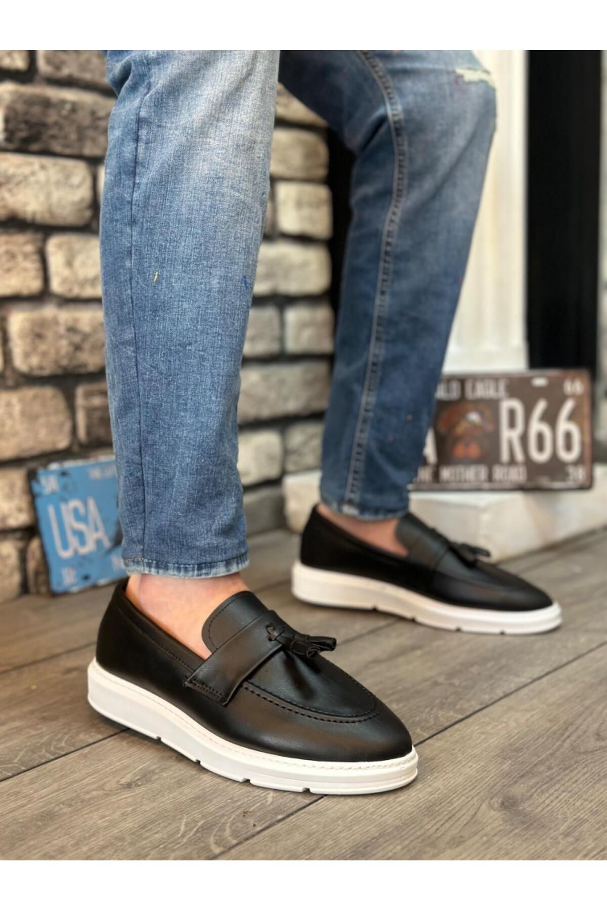 Byshoes BA0005 Bağcıksız Yüksek Beyaz Taban Klasik Cilt Deri Püsküllü Corcik Erkek Ayakkabı
