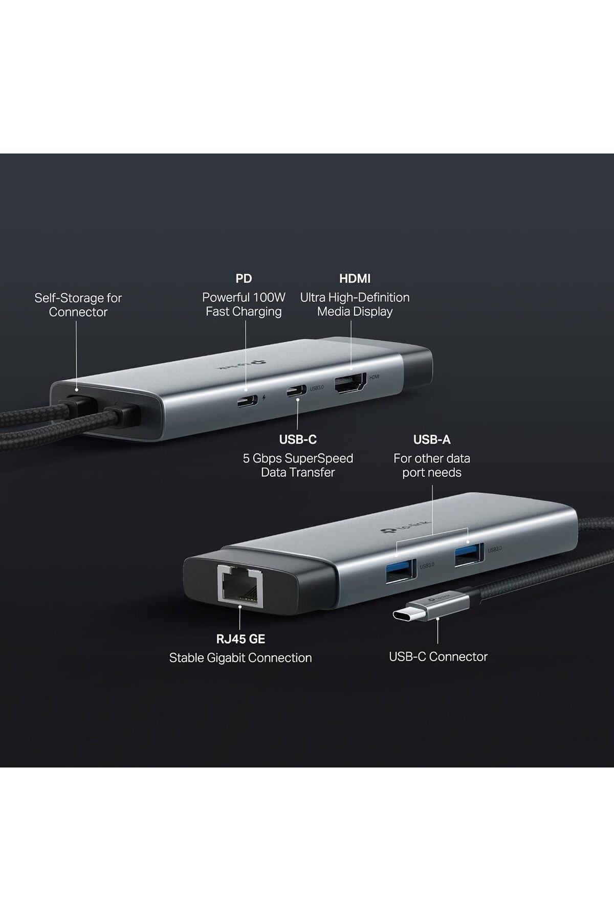 TP-LINK-UH6120C USB C Hub PD100W, 4K 60Hz HDMI, 1× USB C 5Gbps, 2× USB A 5Gbps, Gigabit Ethernet 3